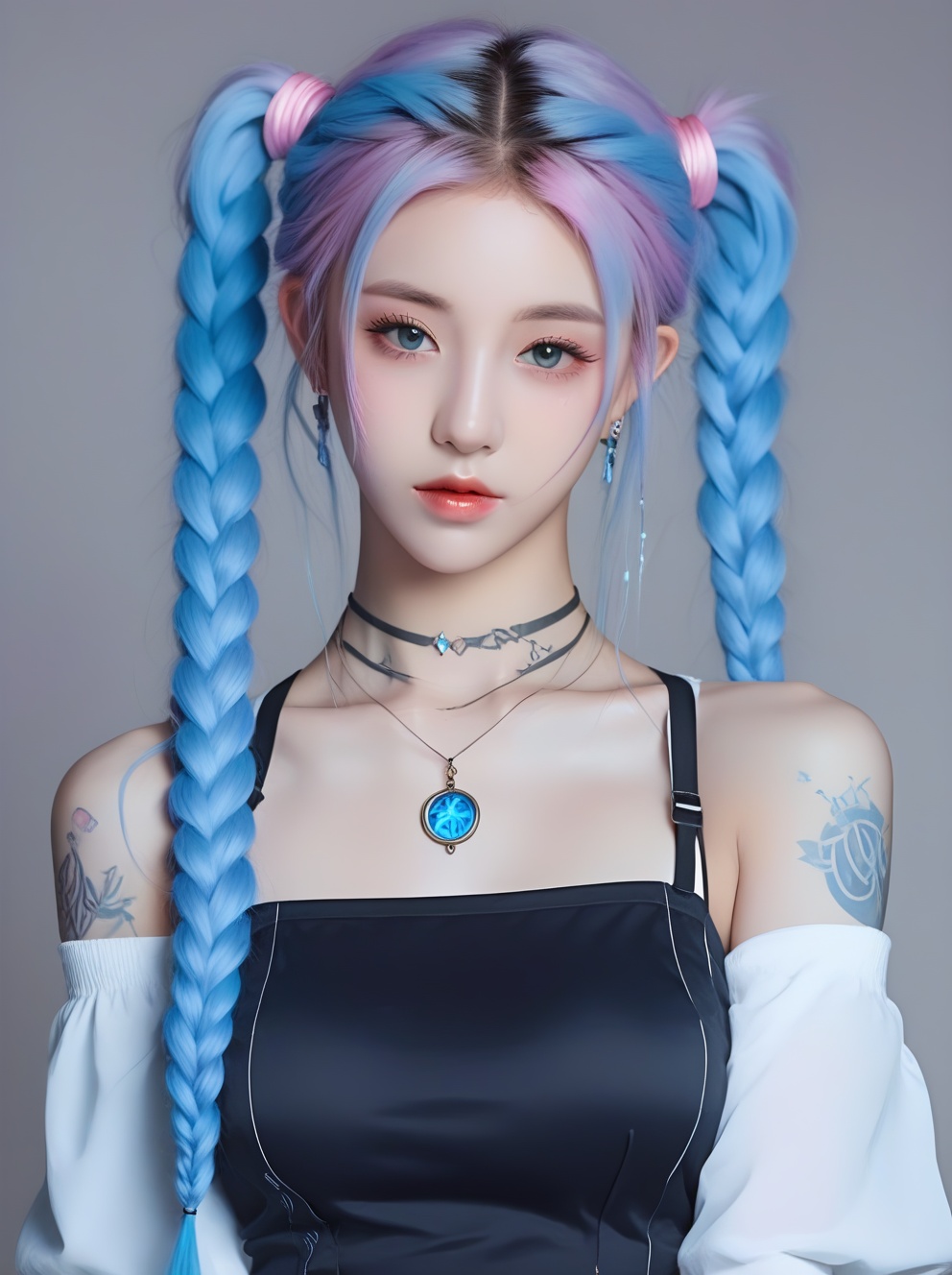 JIYE Beauty.Asian, Draw a light on a blue, faced k-pop girl, (masterpiece:1.2),hi-res,4k,extremely delicate and beautiful art,pastel color,jinx_/(league of legends/), pink eyes, blue hair, [twin braids] full body,standing, portrait