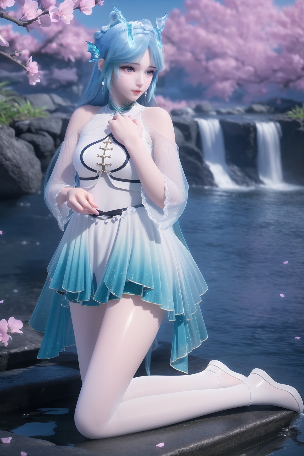 kneeling,  looking at viewer,  waterfall on Tensor.Art