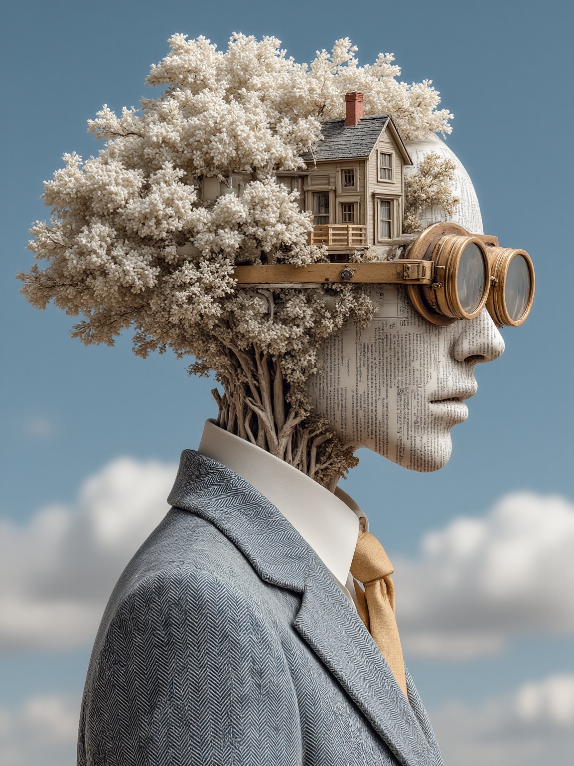 Business creativity,  This surreal digital artwork features a profile of a person wearing a blue and white herringbone pat...