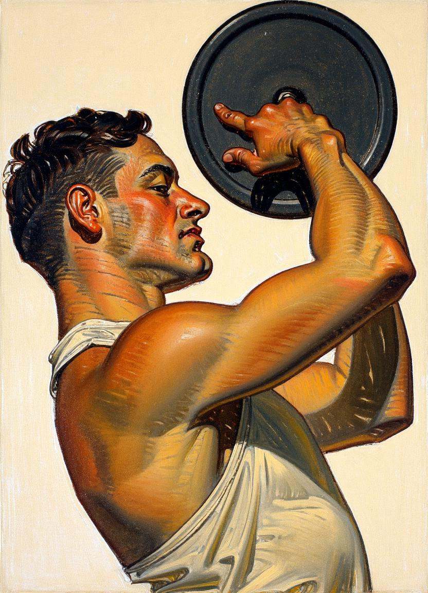 A cartoon illustration by j.c. leyendecker of a man lifting weights. He body is muscular and he is wearing a tight sleevel...