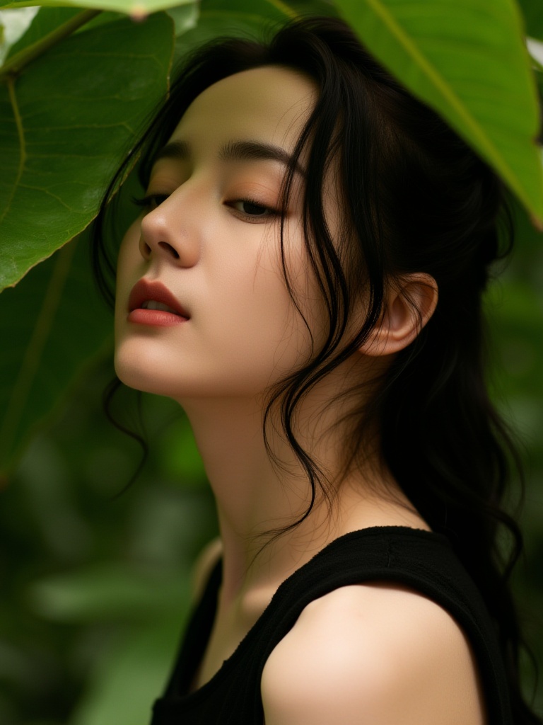 advertising inspiration,bold color contrast,closed eyes,portrait,(close your eyes and feel the sun shining through the leaves on your face),a woman with wet hair in a vest,in the tropical rainforest,leaves,mottled light,messy hair,realistic,range light,(photorealistic:1.3),studio light,XianNv,