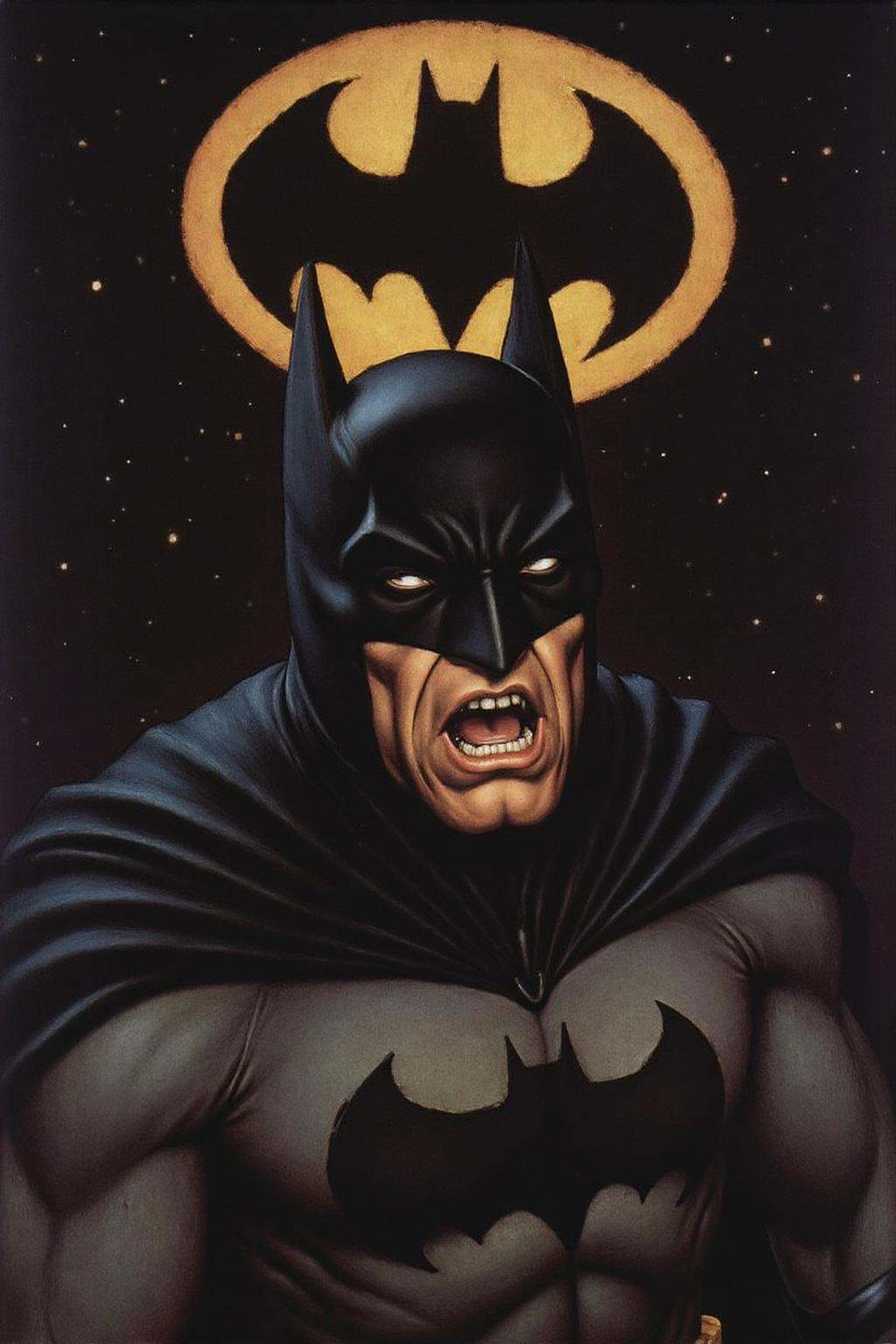 hansho1 painting of Batman shouting angrily. Background is the bat signal on a dark night sky. on Tensor.Art