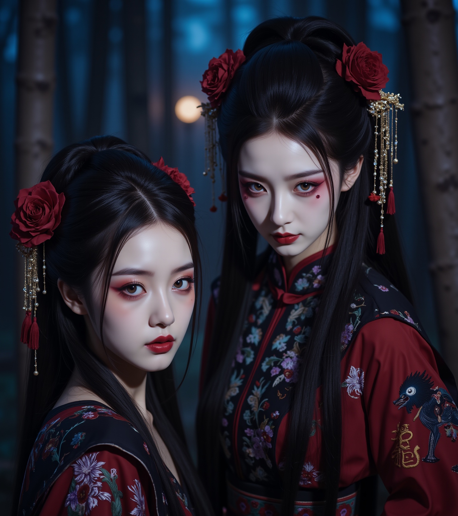 Inspired by Chinese mythology, two women in traditional Chinese attire, elaborate floral hair ornaments, elaborate makeup, elaborate red and black hanfu with intricate embroidery, standing in a dimly lit forest, surrounded by tall trees, eerie and mysterious atmosphere, soft blue and purple lighting, ethereal and haunting mood.