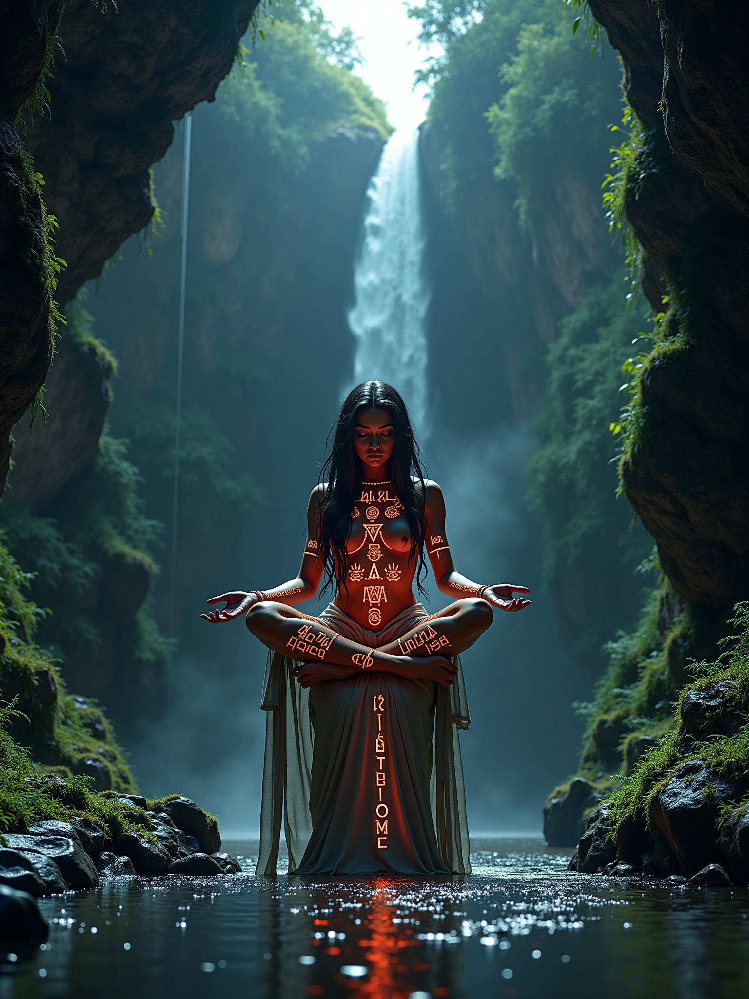 woman floating crosslegged in mysterious cave,  her body and robe are covered in glowing runes,  a waterfall is cascading...