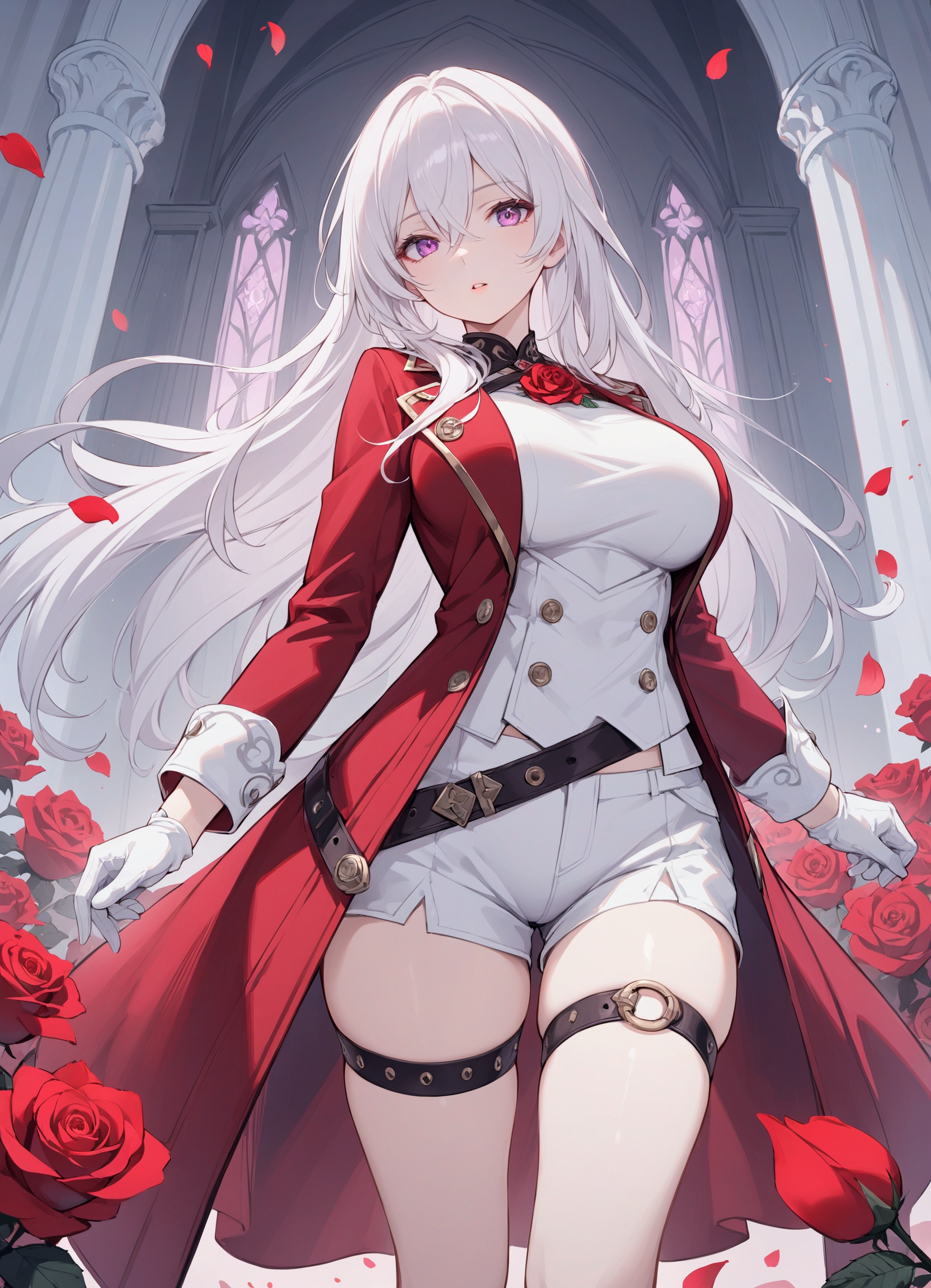 1girl,long hair,solo,shorts,petals,gloves,white gloves,white hair,long sleeves,looking at viewer,thigh strap,parted lips,shirt,coat,flower,very long hair,purple eyes,red coat,bangs,short shorts,rose,pink eyes,white shorts,jewelry,jacket,arms at sides,red jacket,breasts,hair between eyes,standing,open clothes,red flower,dynamic angle,from below,big breast