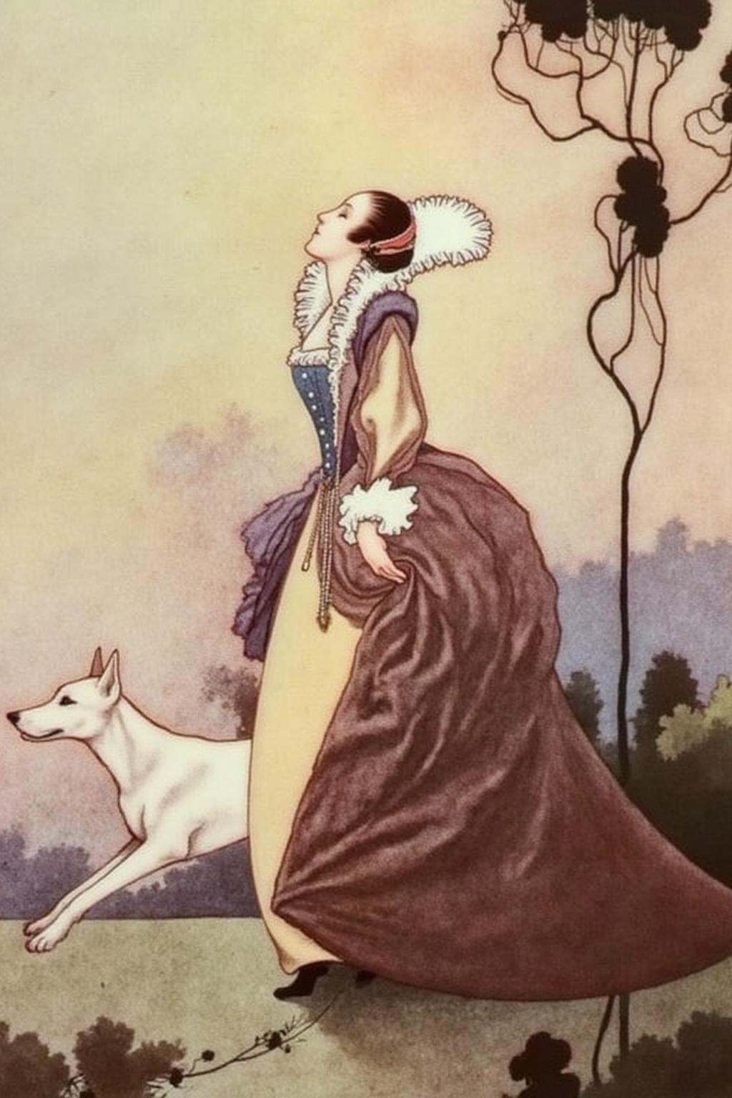 charob1 illustration.A woman in an elegant,  historical costume from the 17th century. She is dressed in a voluminous,  da...