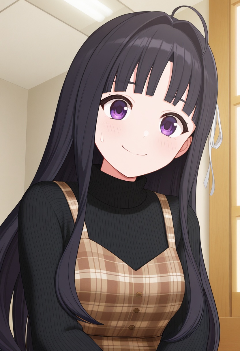 <lora:486_v1.0_illustrious-000018:1>,SUBARUAWA,solo,long hair,purple eyes,black hair,sweatdrop,ahoge,dress,blush,brown dress,plaid dress,upper body,plaid,turtleneck,sweater,smile,hair ribbon,ribbon,black sweater,closed mouth,sitting,indoors,blunt bangs,black shirt,sleeveless,shirt,sleeveless dress