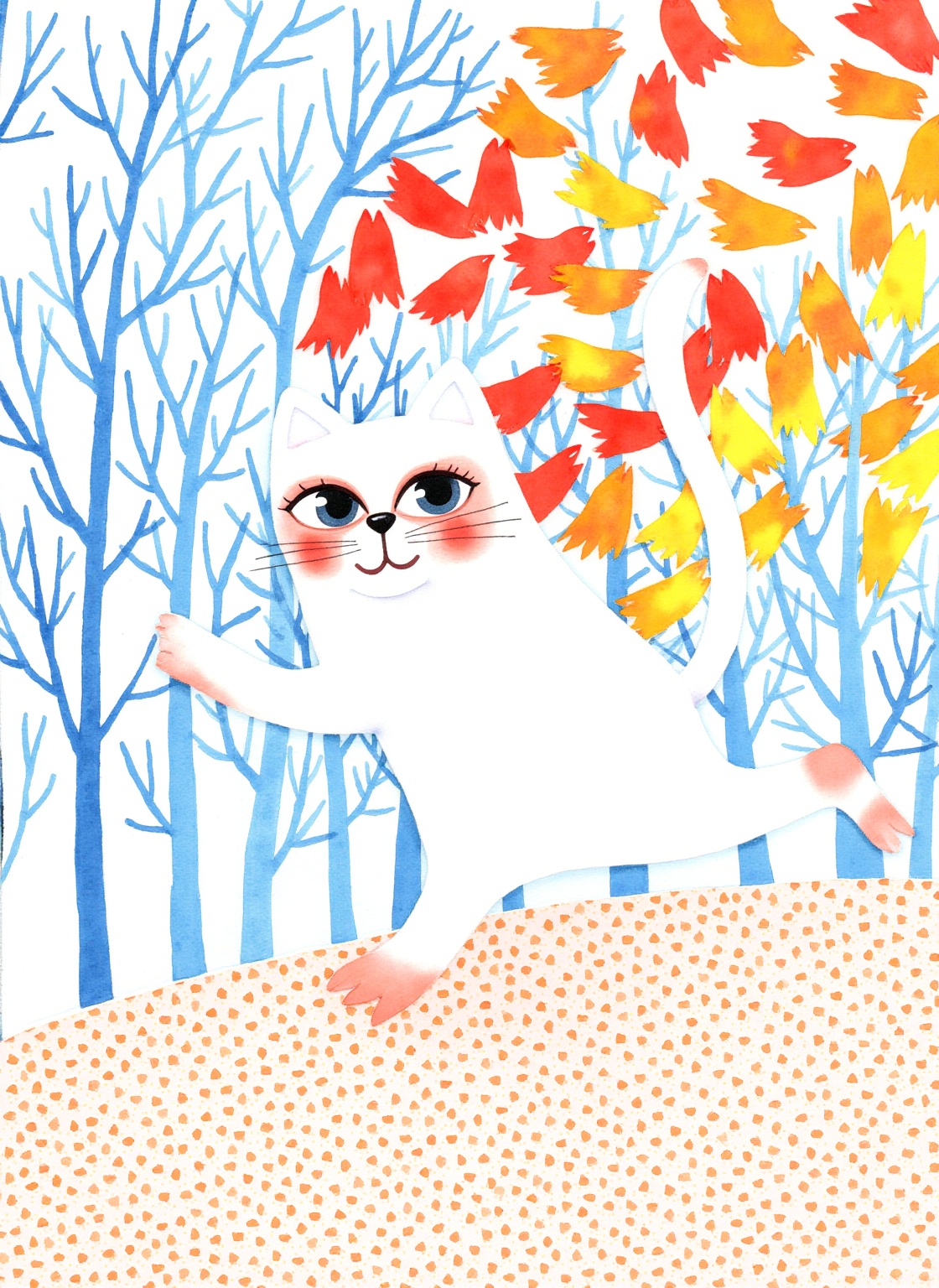 CGArt illustrator,vector,flat illustration,bold contrasting colors,A blue white red and yellow composition,a cat is running through a colorful pattern,Children's illustration style,simple shapes,flat composition,Abstract,minimalist style,minimalist illustration,asymmetrical forms,bold patterns and typography,