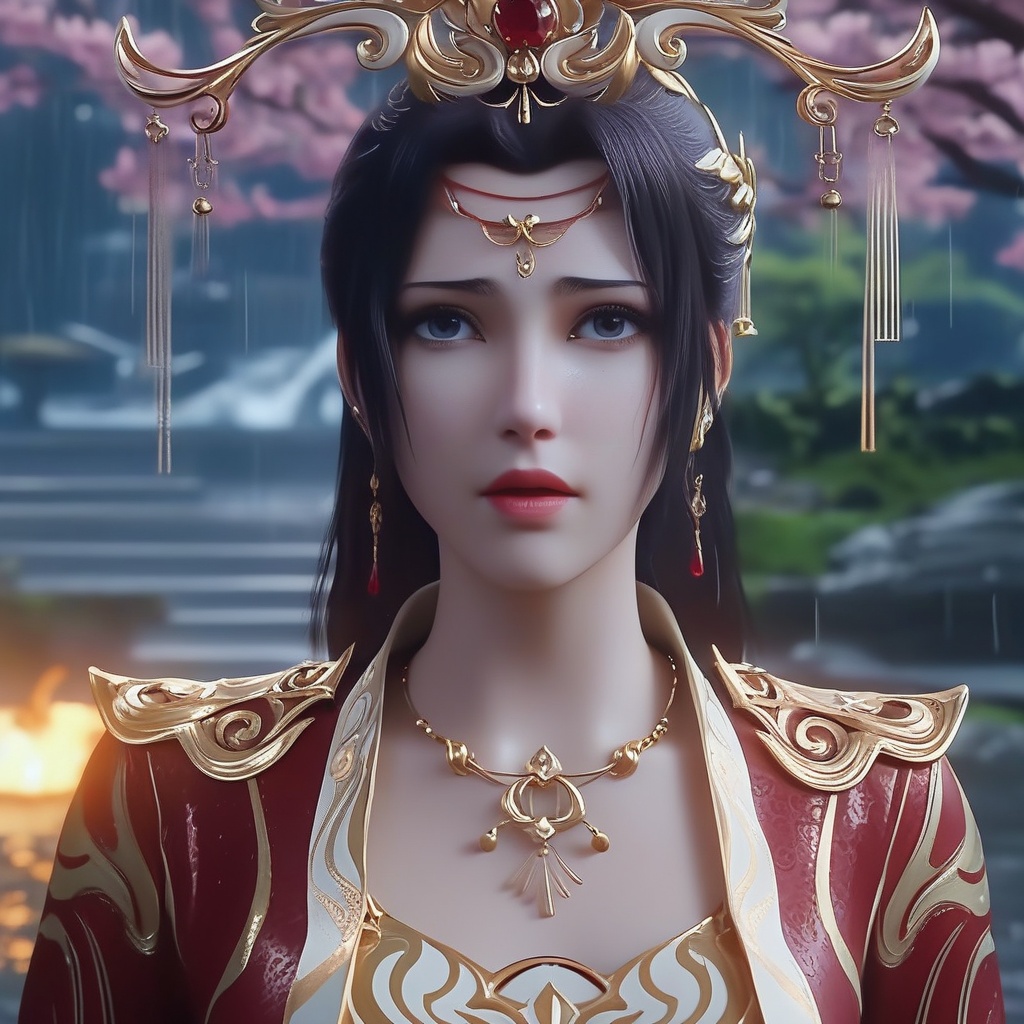 <lora:842-DA-XL-斗破苍穹-云韵-婚服:0.8>, (,1girl, ,best quality, ),, ,ultra detailed 8k cg,            cinematic lighting, cinematic bloom, (( , )),,  , unreal, science fiction,  luxury, jewelry, diamond, pearl, gem, sapphire, ruby, emerald, intricate detail, delicate pattern, charming, alluring, seductive, erotic, enchanting, hair ornament, necklace, earrings, bracelet, armlet,halo,masterpiece, (( , )),, realistic,science fiction,mole, ,cherry blossoms,(((, , ultra high res, (photorealistic:1.4), raw photo, 1girl, wet clothes, rain, sweat, ,wet, )))(( , ))   (cleavage),,  (),