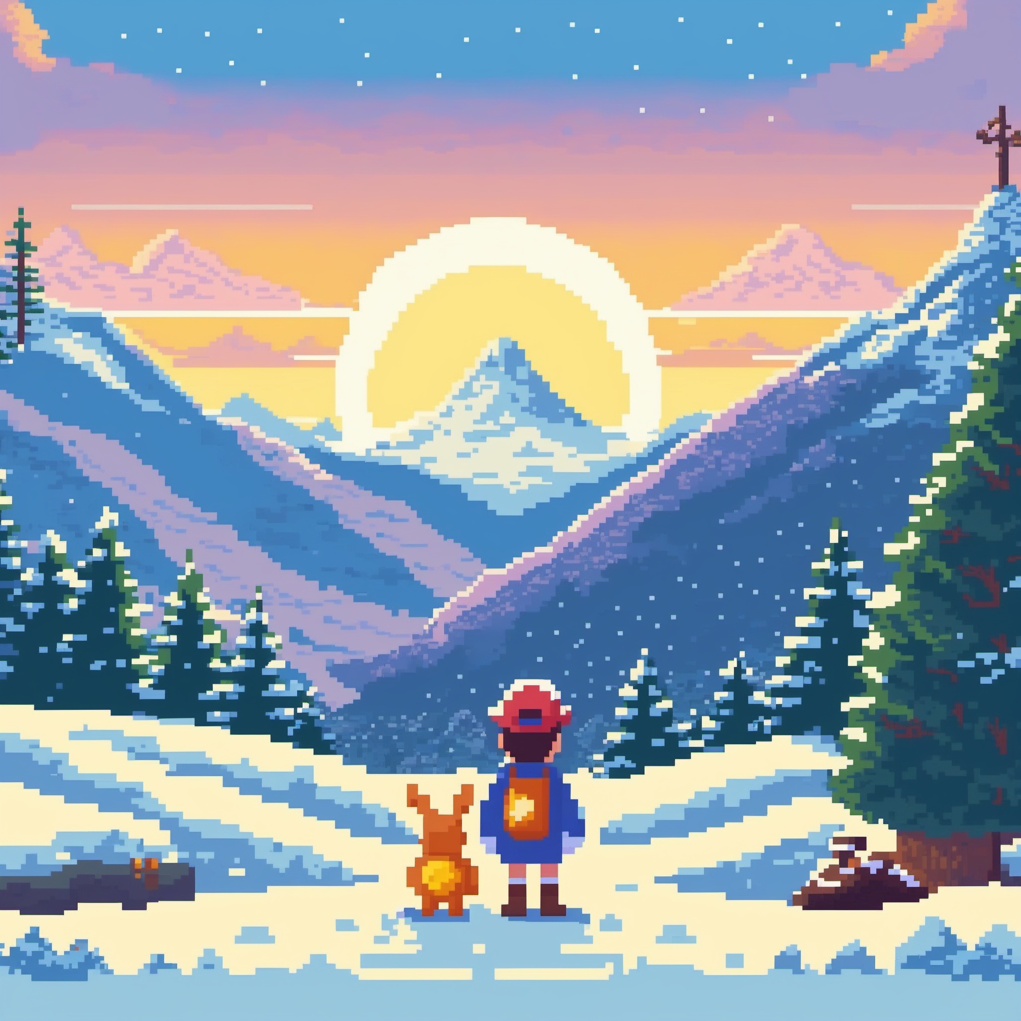This is a pixel style art,  a delightful outdoor scene with a toy character standing in the centre of the vision,  landsca...