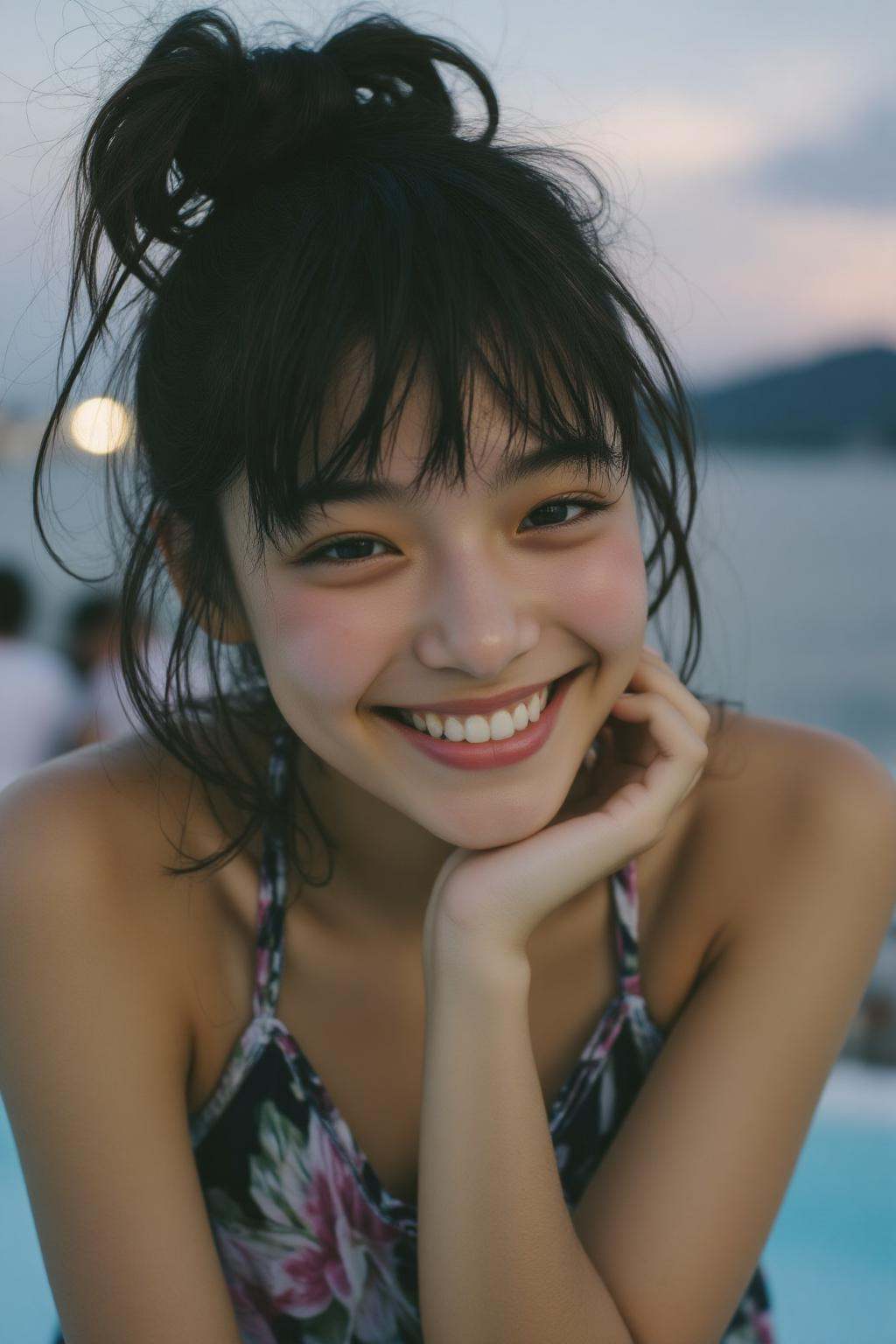 midjourney analog photograph. Close-up of a 18yo Japanese girl with dark hair styled in a messy bun wears a sleeveless top...