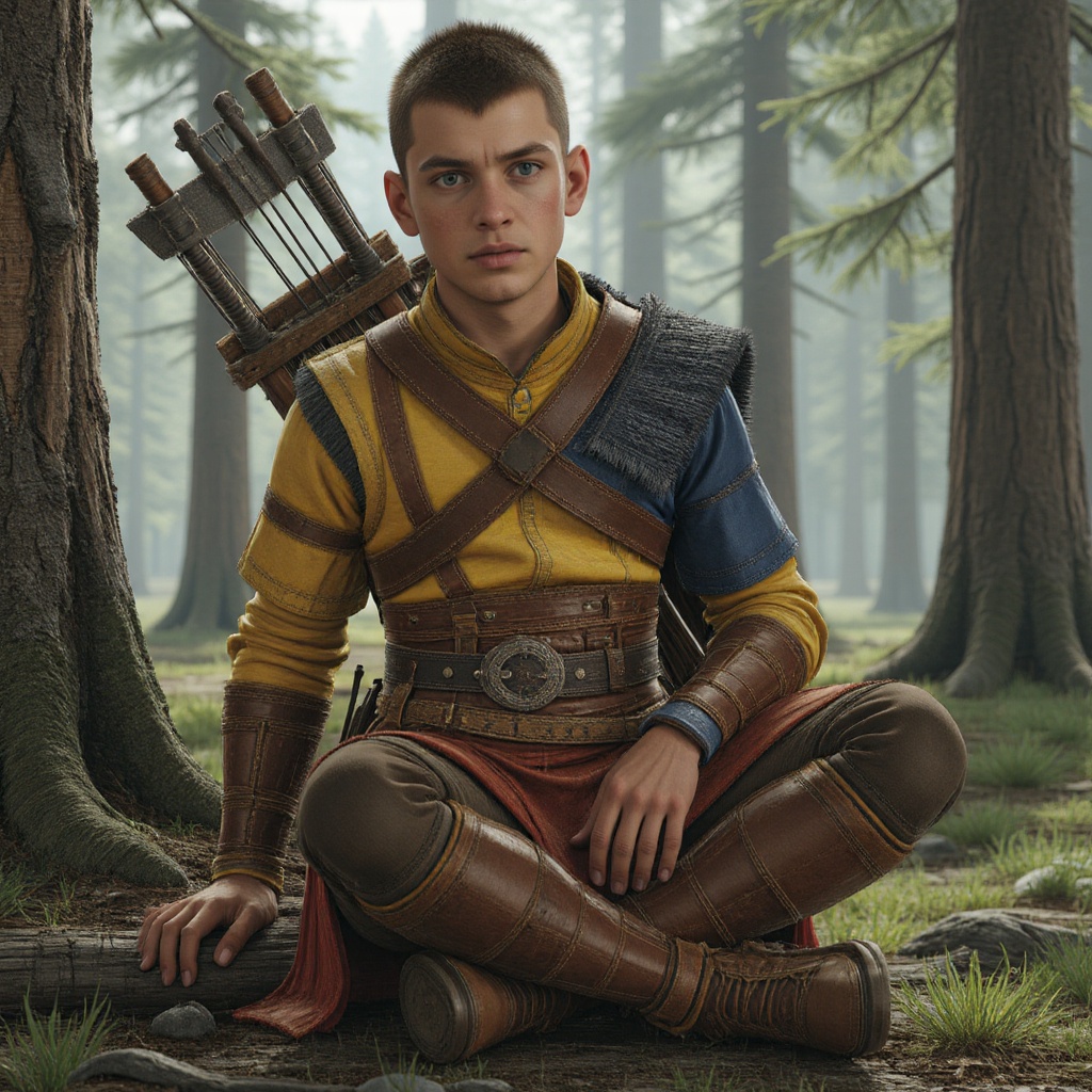 A closeup portrait of GoWRAtreus,  a 14 year old boy with blue eyes. He has a short brown buzzcut,  with a little bit of a...