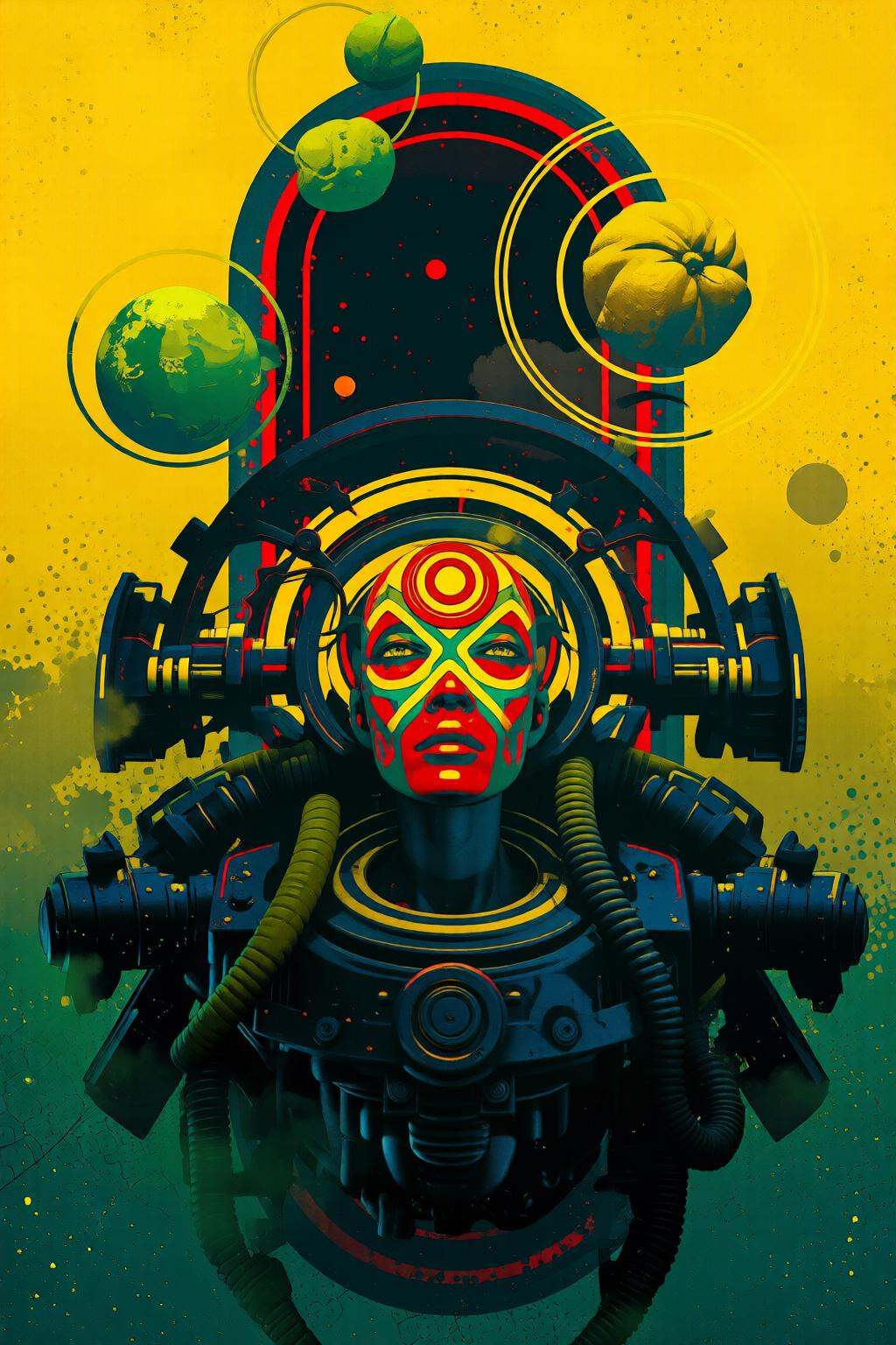 pascalblanche2q illustration. A central figure in a high-tech suit with mechanical components and tubes. The face is paint...