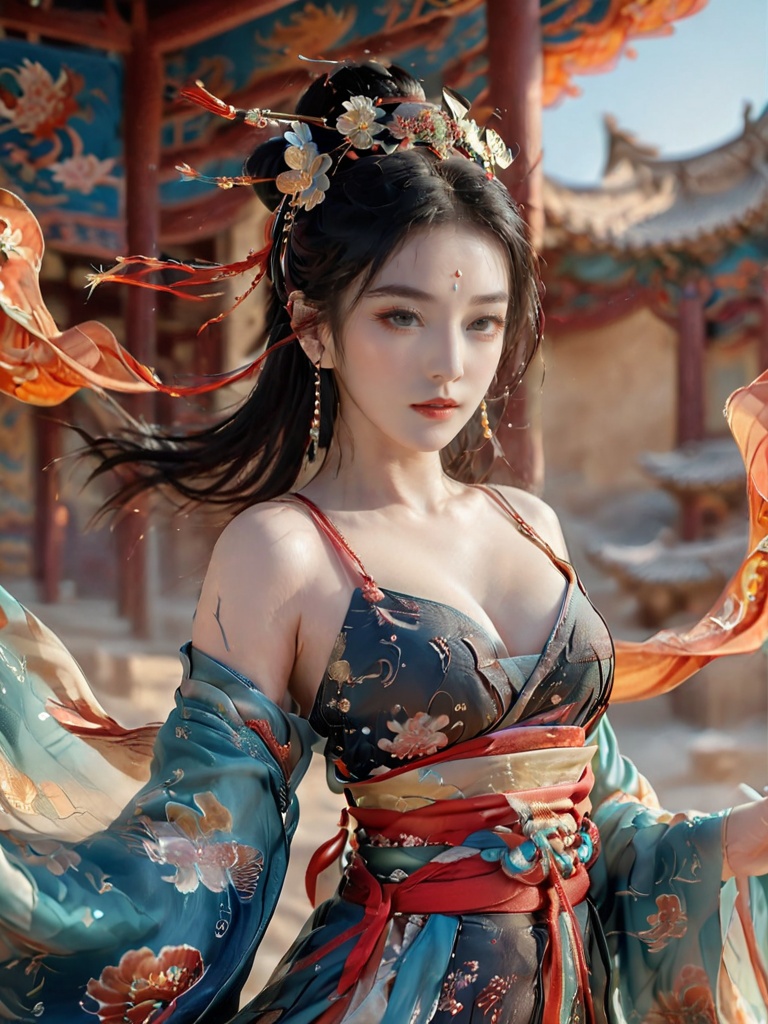 dunhuang,1girl,solo,earrings,jewelry,black hair,architecture,blurry background,sash,east asian architecture,chinese clothes,floral print,looking at viewer,strapless,hanfu,off shoulder,outdoors,wide sleeves,long sleeves,lipstick,hagoromo,<lora:dunhuang-000008:0.8>,, best quality, ultra-detailed, masterpiece, finely detail, highres, 8k wallpaper