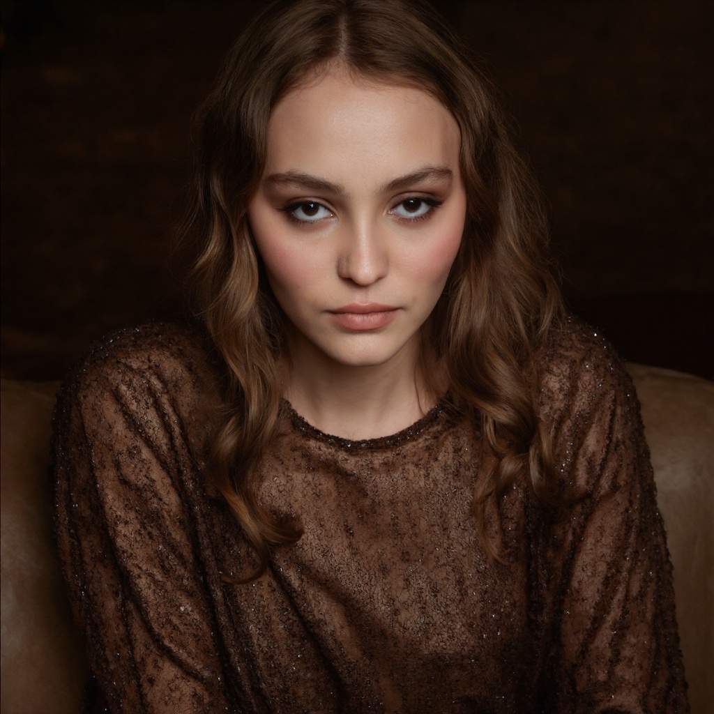 A portrait of lily_depp with long,  wavy brown hair. She has striking blue eyes and a neutral expression. Her skin is pale...
