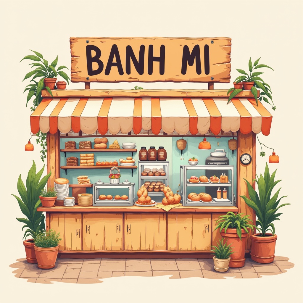 A whimsical illustration of a bakery scene named text 'BANH MI' on Tensor.Art