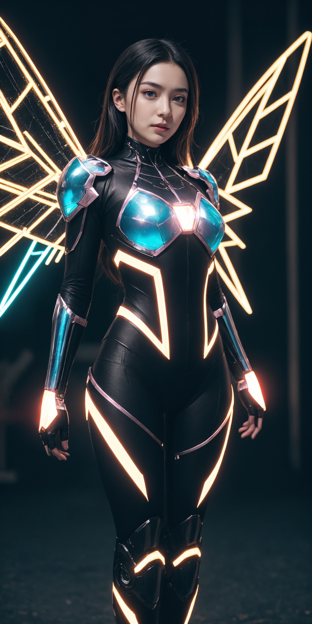 1girl, cyborg, (gem cyber:1.2), solo, armored, bodysuit, glowing, wings, outdoors, thighs, gem, gradient