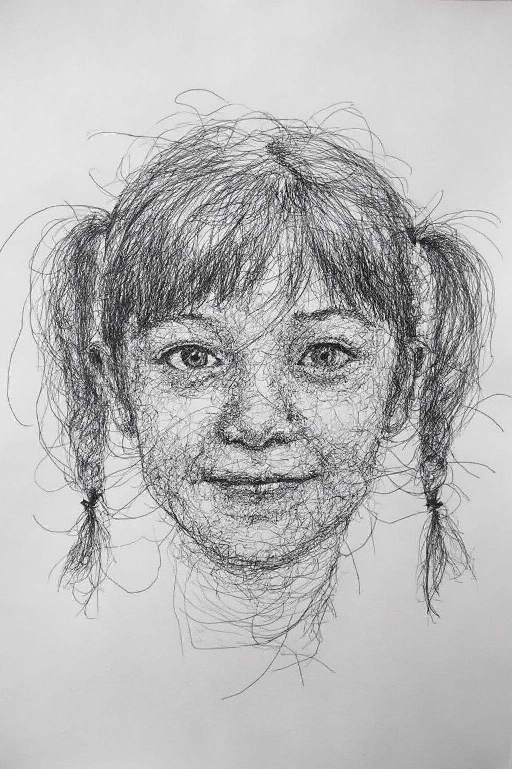 Drawing on grey paper,  depicting the face of a teenager girl with twin pigtails on Tensor.Art