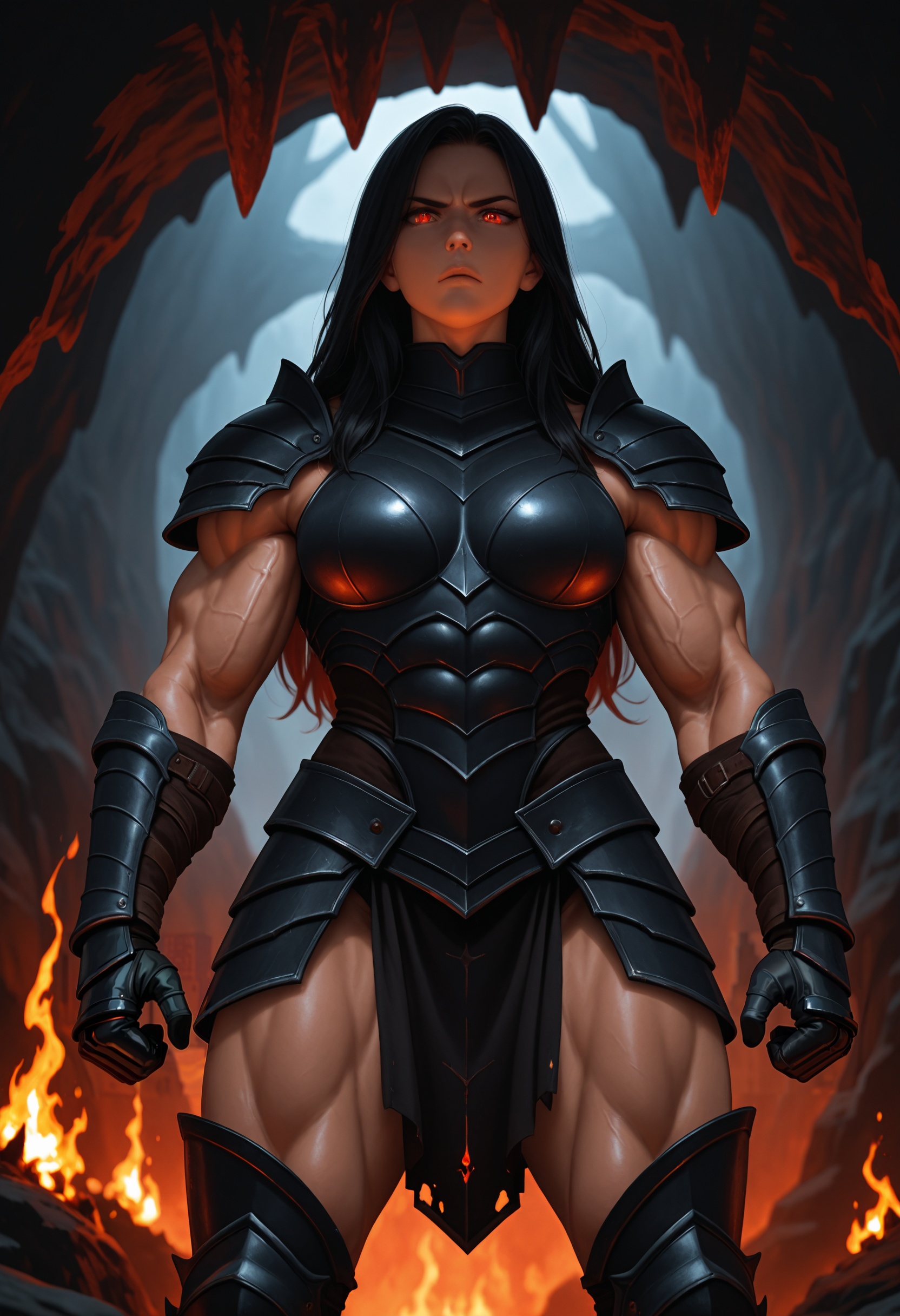 strong female warrior,  dark armor with red glow,  black long hair on Tensor.Art