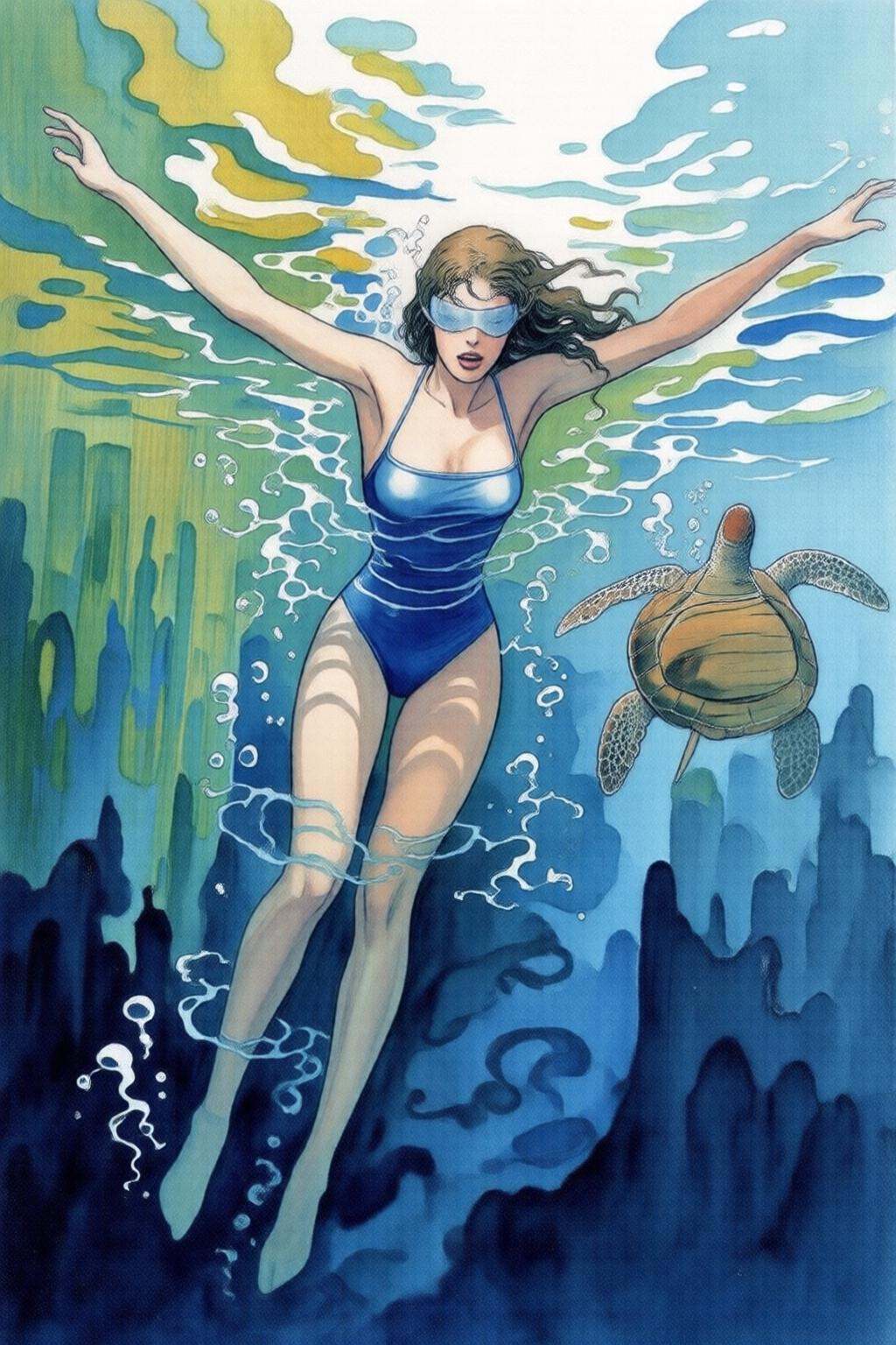 milomanara7q illustration. a woman swimming underwater. The woman is wearing a blue one piece swimsuit,  and she is wearin...
