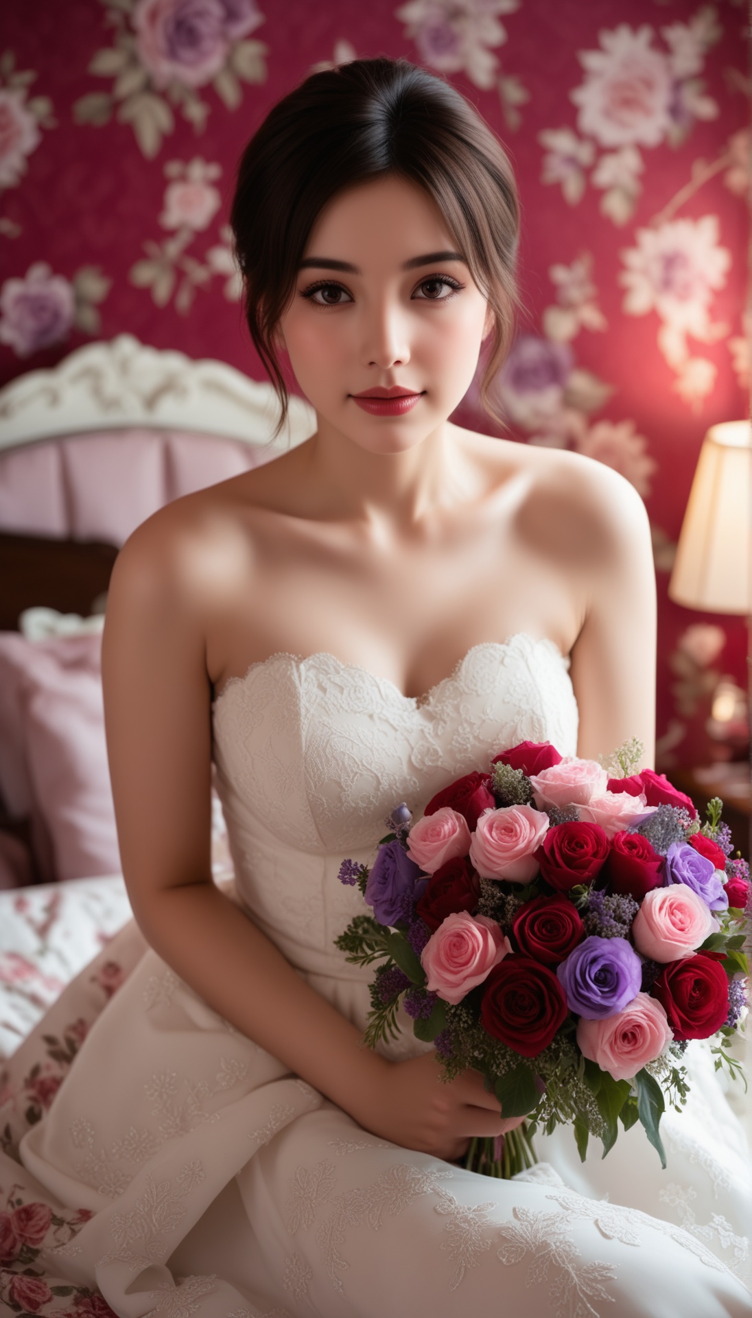 A high-quality photograph of a young woman with fair skin and delicate features,  wearing a strapless white wedding dress...