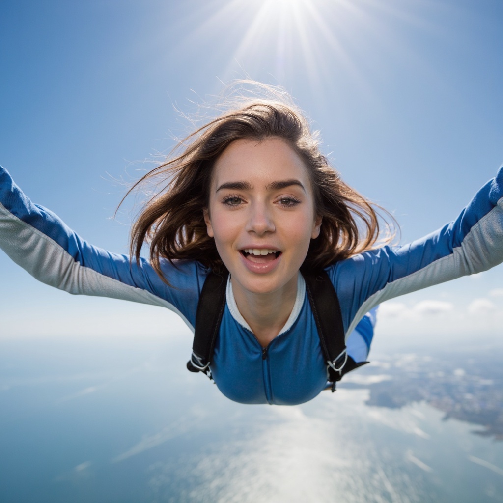 A vibrant,  high-resolution portrait of lily_collins skydiving against a clear blue sky with the sun shining brightly. She...