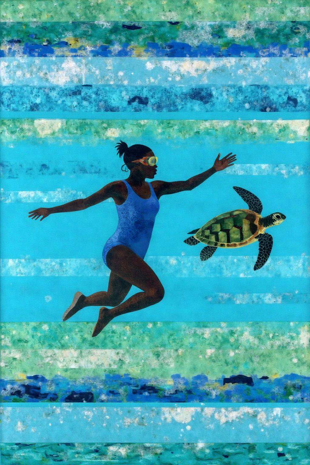 mixed media collage. a woman swimming underwater. The woman is wearing a blue one piece swimsuit,  and she is wearing gogg...
