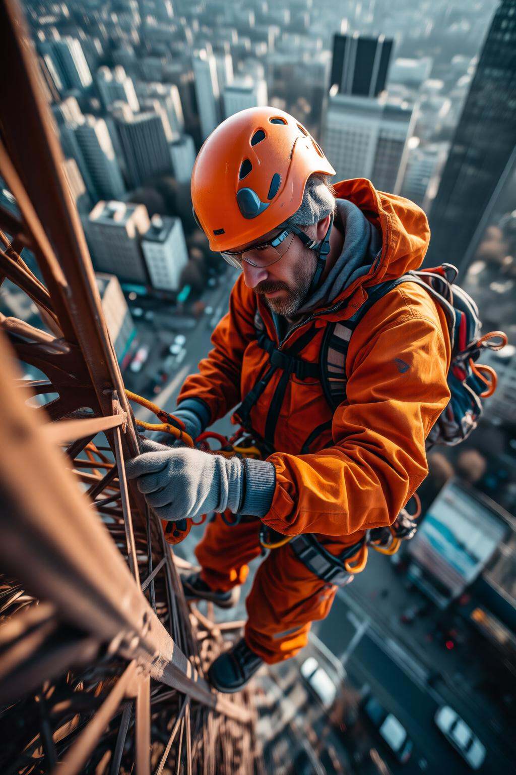 midjourneyhighangle13q High angle view.A man wearing safety glasses,  a bright orange and yellow safety suit,  along with...