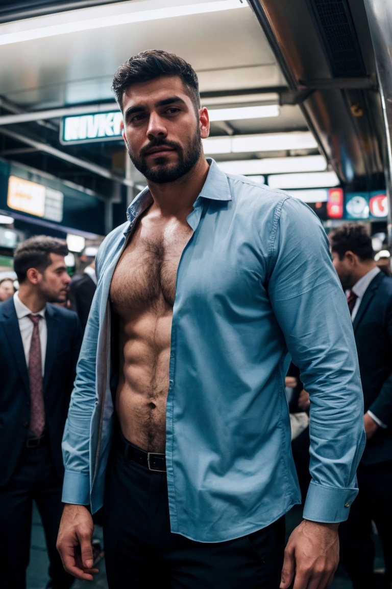 vintage photo of a businessman standing in a crowded metropolitan subway station,  Arab,  Nikon F on Tensor.Art
