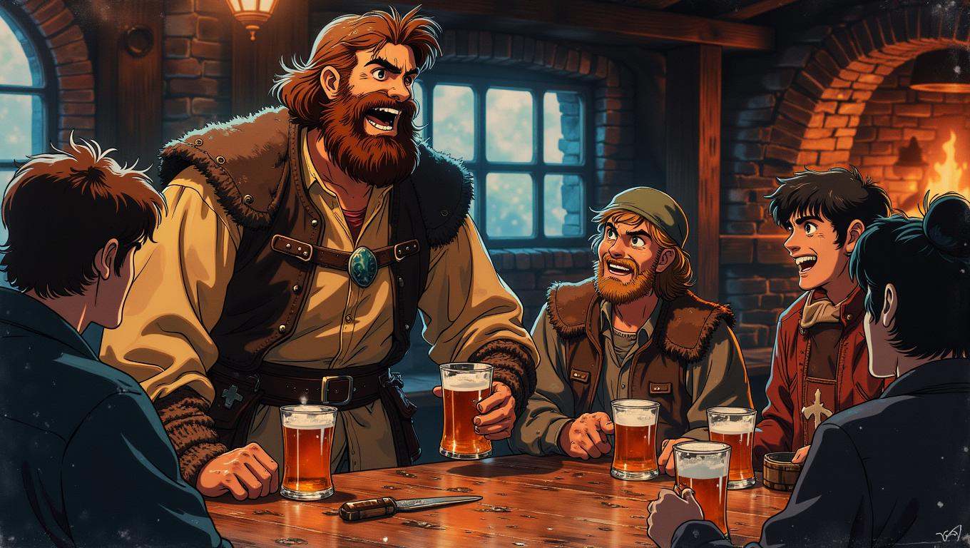 A burly medieval tavern keeper,  with a thick beard and a hearty laugh,  serves a large mug of ale to a group of travelers...