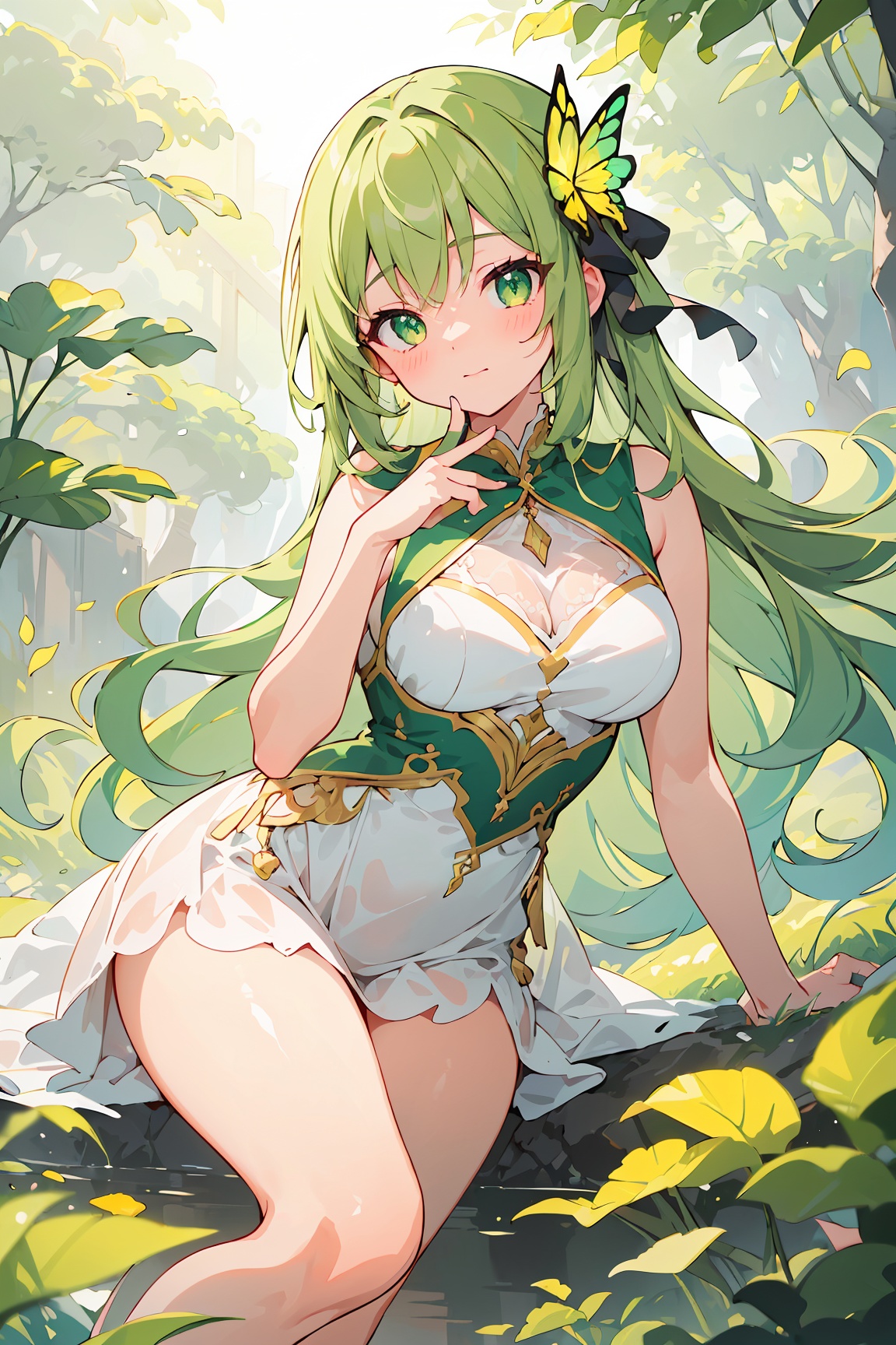 A captivating,  dreamlike anime girl standing in a fantastical landscape filled with swirling shades of vibrant yellow,  g...