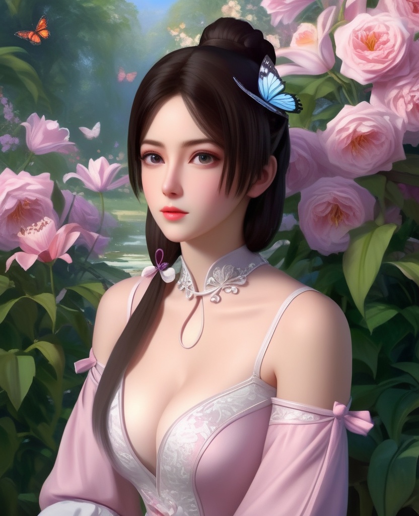 <lora:843-DA-XL-元龙-宋嫣:0.8>, (,1girl, ,best quality, ),,  ,ultra detailed 8k cg,ultra realistic 8k cg,1girl, solo,(bare shoulders:0.85),(masterpiece, best quality),((oil painting style)),sexy young lady,(beautiful face and eyes),(upper body:1.5),(whole body:1.05),(single person:1.2),surrounded by flowers, (lily), roses, floret, vegetation, white, purple, purplish pink,Impressionism,colorful,(Breast size:1.3),(cleavage),, butterfly,(sit),