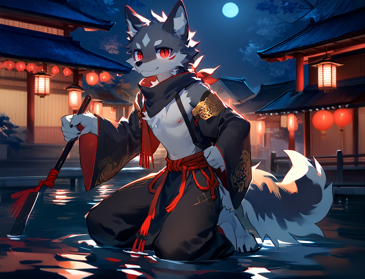 masterpiece,best quality,perfect anatomy,bright eyes,watery eyes,furry,wolf,(felis:0.25),male,solo,baggy clothing,detailed eyes,male focus,open clothes,(Water black Tang Costume:1.1),(night:1.1),(red eyes:1.1),angle:1.1),black scarf,a slim and well-proportioned figure,sketch,body fur,anthro,