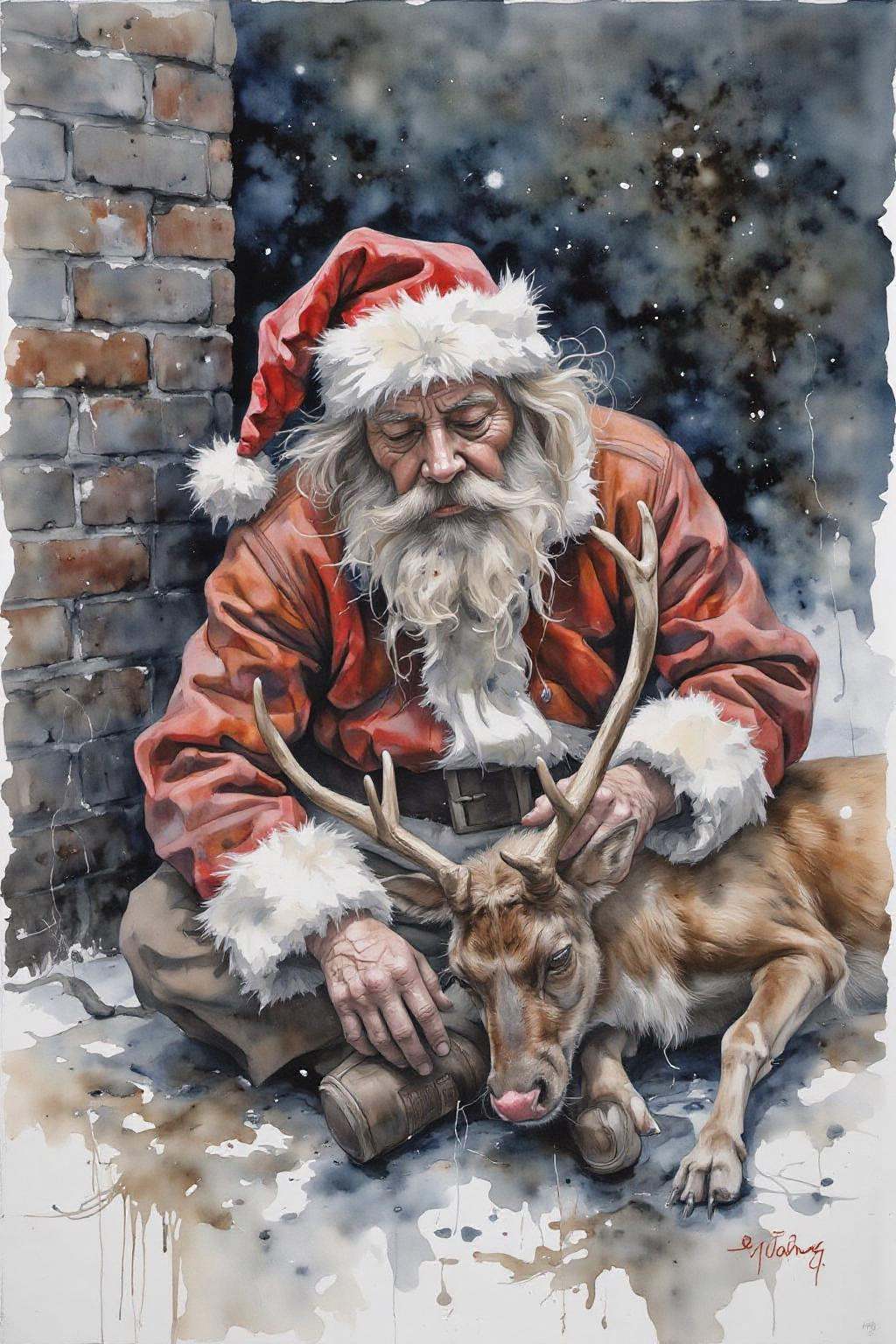 yawc1 watercolor.Homeless Drunk Santa Claus sleeping rough on the street with Rudolph the red-nosed reindeer on Tensor.Art