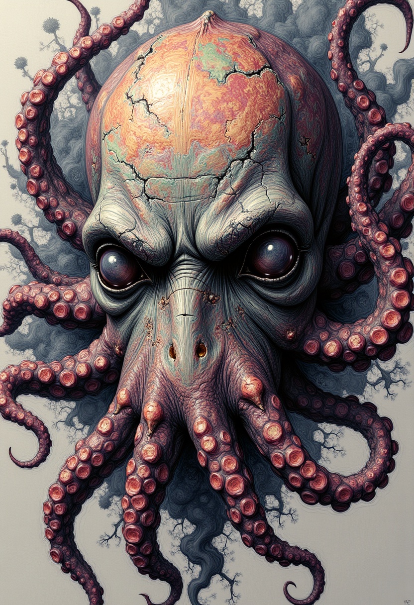 with muted colors drawing portrait of an ocotopus-human,  horror,  psychedelic on Tensor.Art