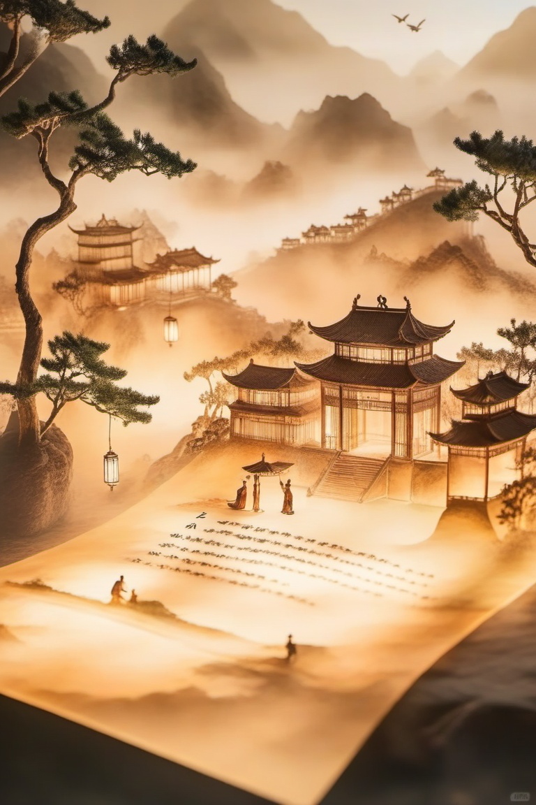 Microarchitecture,juanzhou,A chill, old-school Chinese ink painting sprawls out, featuring a peaceful village with traditional buildings, lanterns, and a bunch of folks in traditional gear. The scene is set against a backdrop of misty, tree-covered mountains, with a soft, warm glow shining down. The vibe is serene and timeless.,<lora:juanzhouv1:0.8>