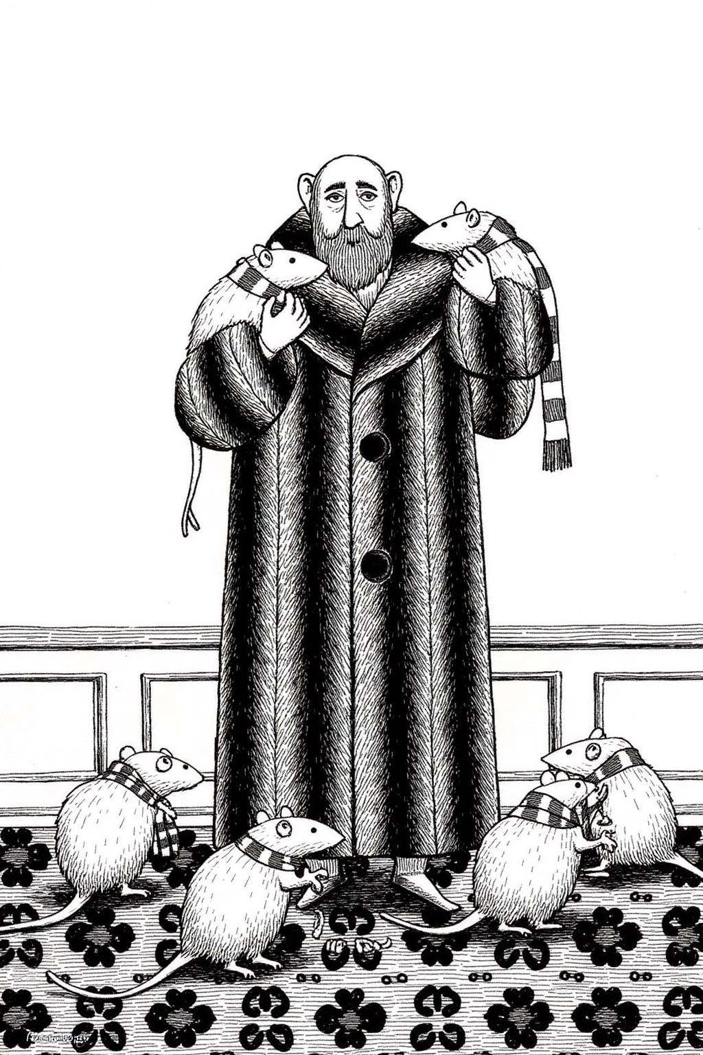edwardgorey1 illustration.A bearded elderly man wearing bifocal,  in a long fur coat stands in the center,  holding two la...