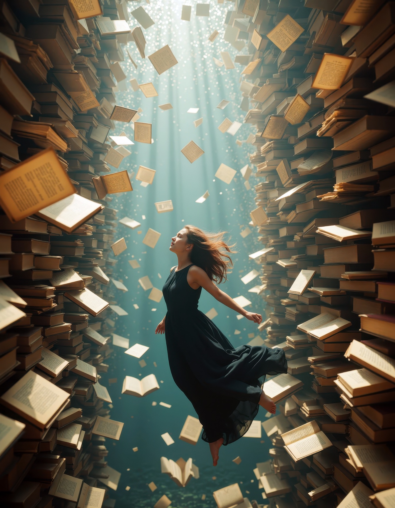 A surreal cinematic scene of a young woman falling weightlessly through a vast vertical tunnel of floating open books,  pa...