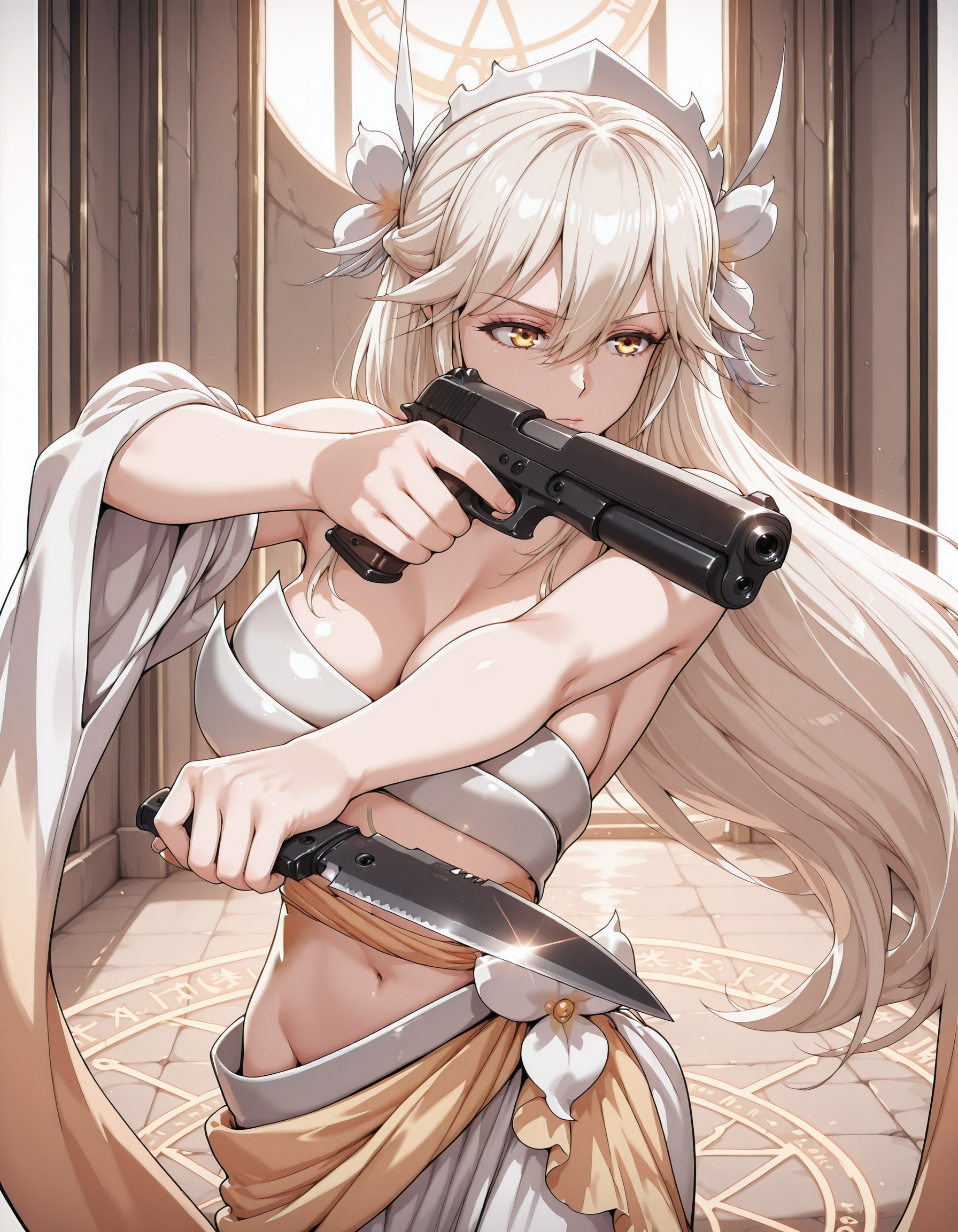 1girl,  pistol_x_tac_knife,  holding pistol and knife on Tensor.Art