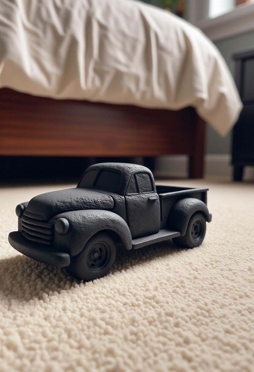The image is a photograph of a detailed coal statue of a pickup truck,  sitting on a bedroom carpet. on Tensor.Art