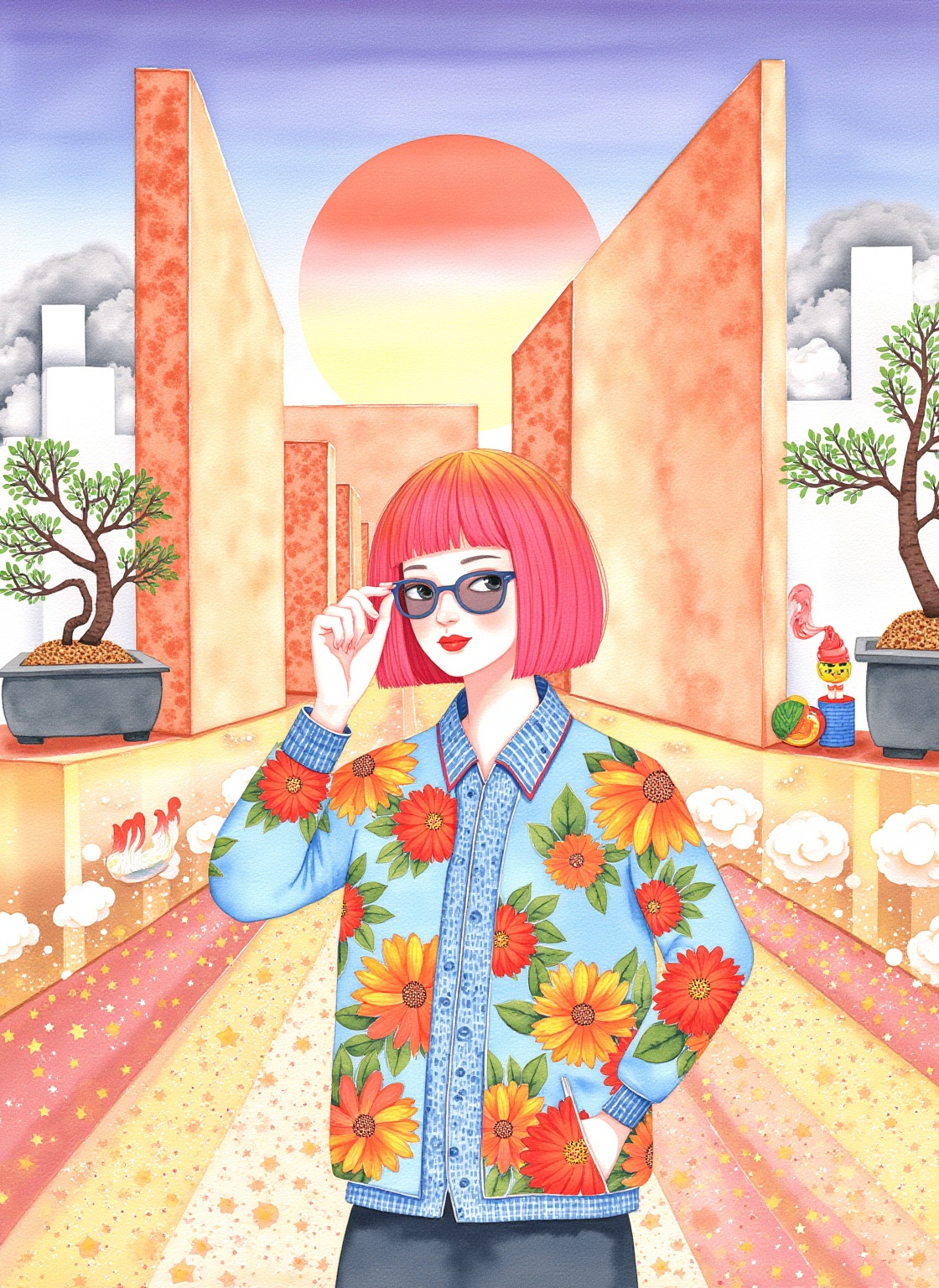CGArt illustrator,editorial avant-garde dramatic action pose of a woman short pink hair wearing 70s round wacky sunglasses pulling glasses down looking forward, in Tokyo with large marble structures and bonsai trees at sunset with a vibrant illustrated jacket surrounded by illustrations of flowers, smoke, flames, ice cream, sparkles, rock and roll