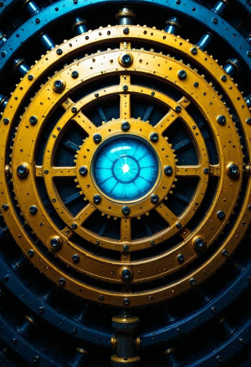 Huge gears glow in neon blue and purple,  with a smooth metal texture that looks like it was laser cut. This gear rotates...