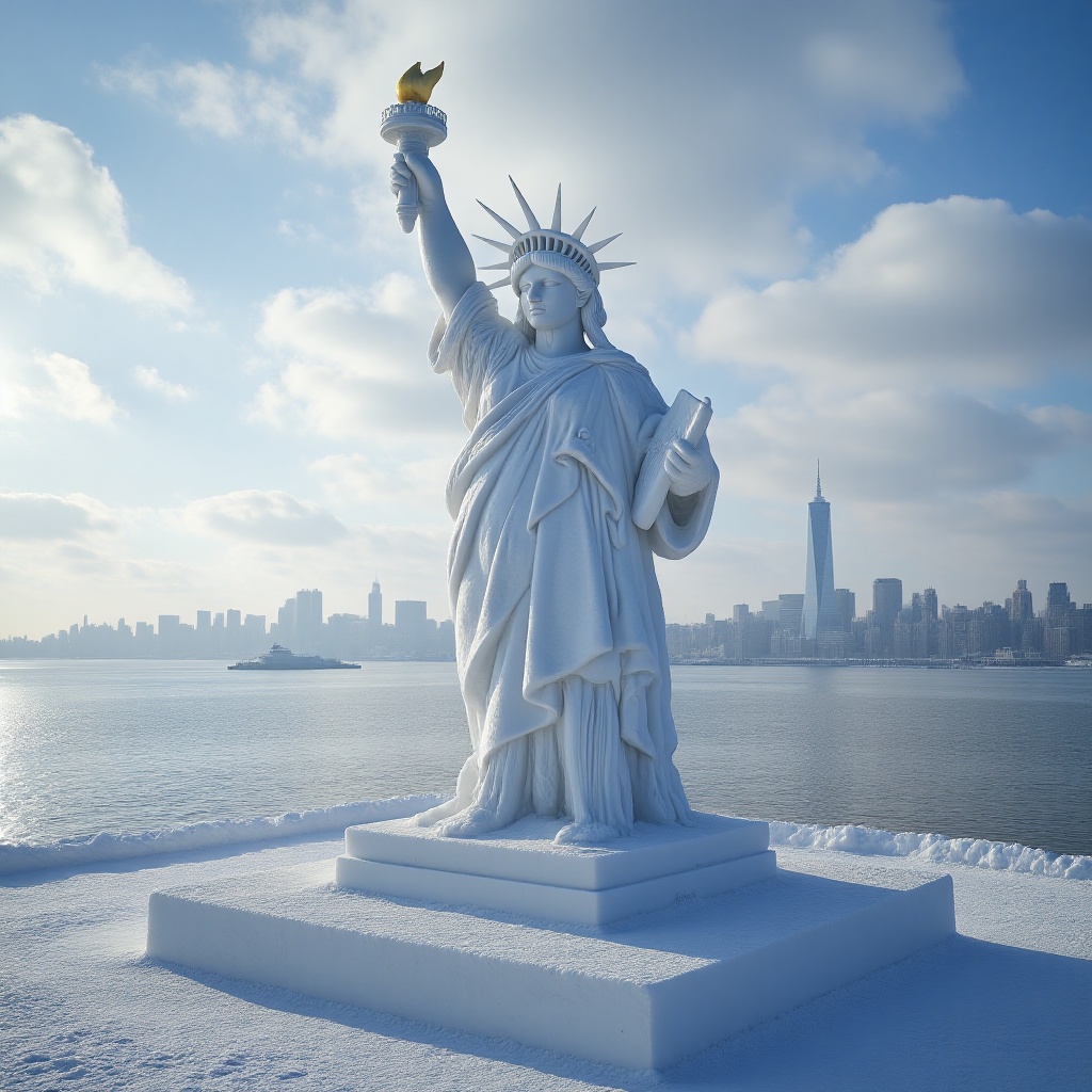 XUEDIAO,  bird's-eye view,  A snow sculpture of the Statue of Liberty on Tensor.Art