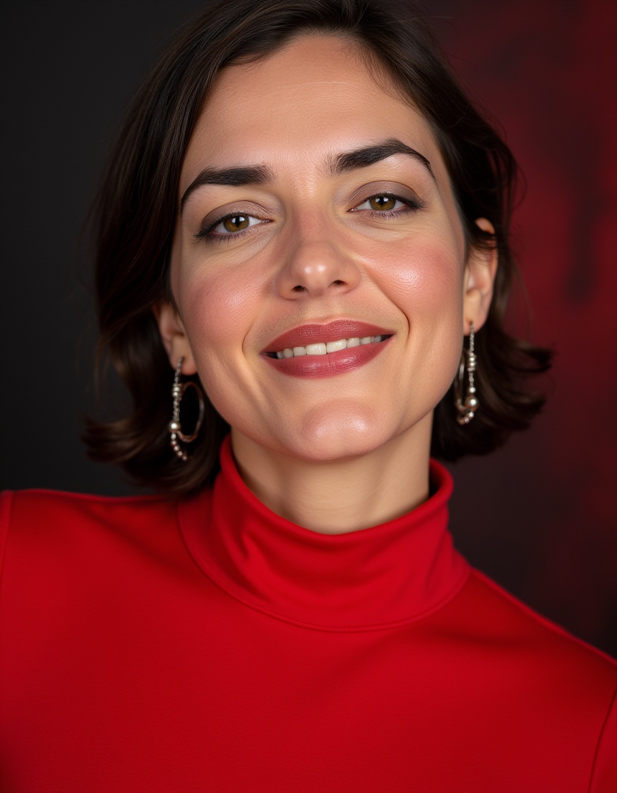 A captivating close-up portrait of a woman exuding confidence and elegance. She wear a red turtle neck blouse. The model's...