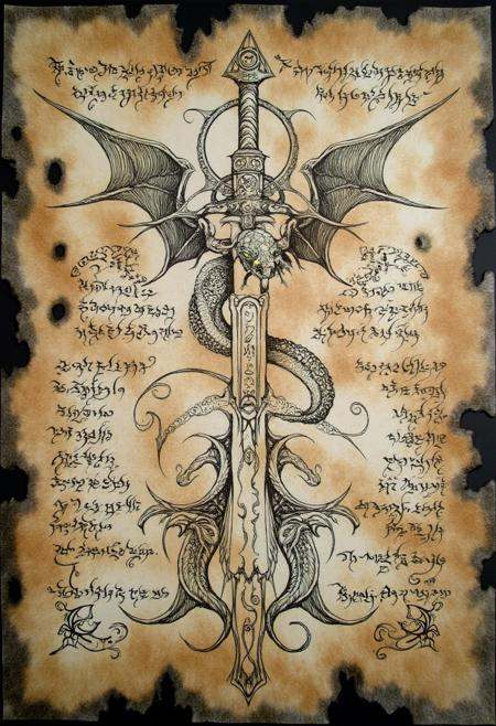 ncrnmcn,  On a tattered piece of parchment,  an elaborate diagram showcases a winged serpent coiled around a burning sword...