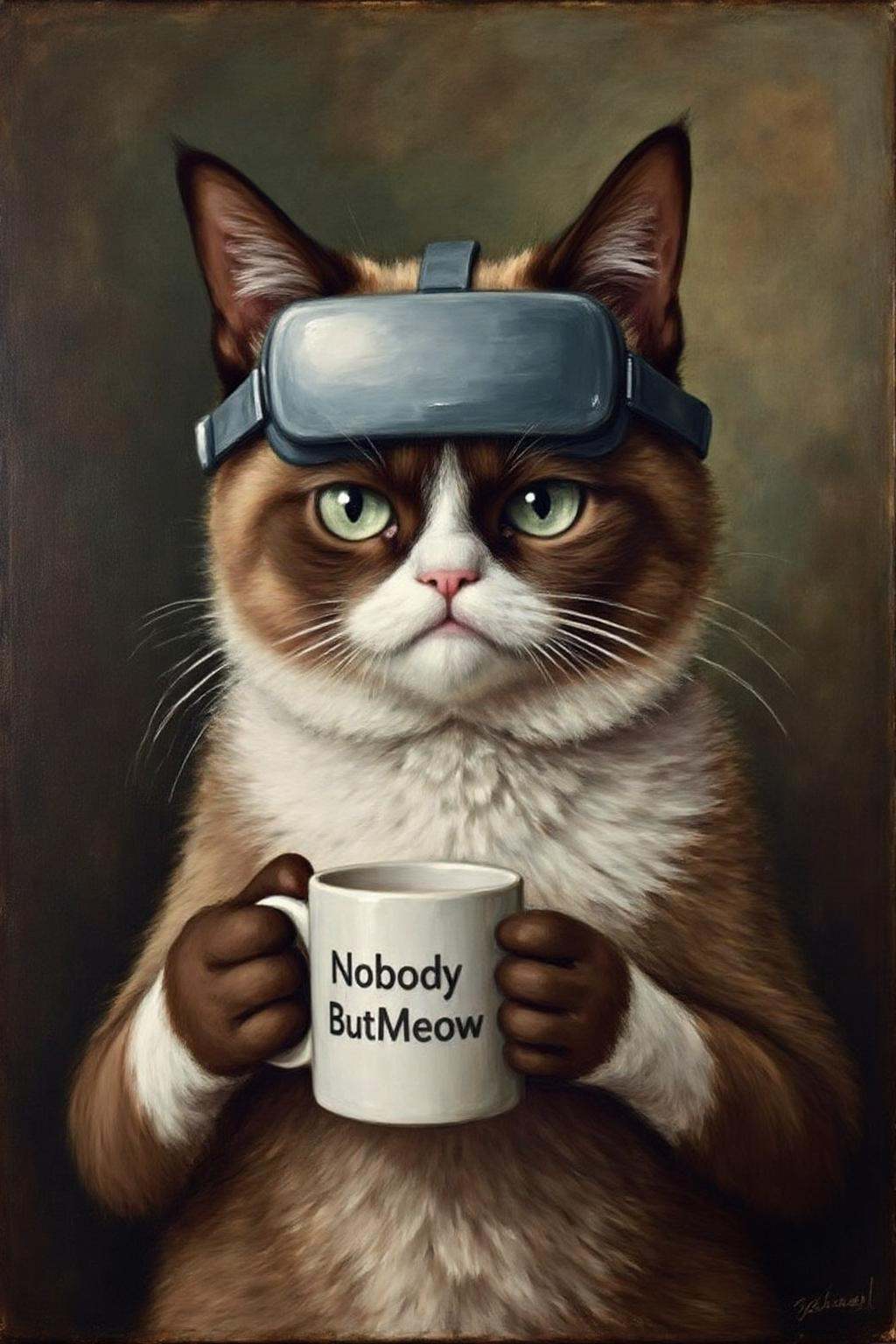 gainsbo1 paintingGrumpy Cat holding a coffee mug,  wearing a VR Headset. The mug has the phrase "NobodyButMeow" printed on...