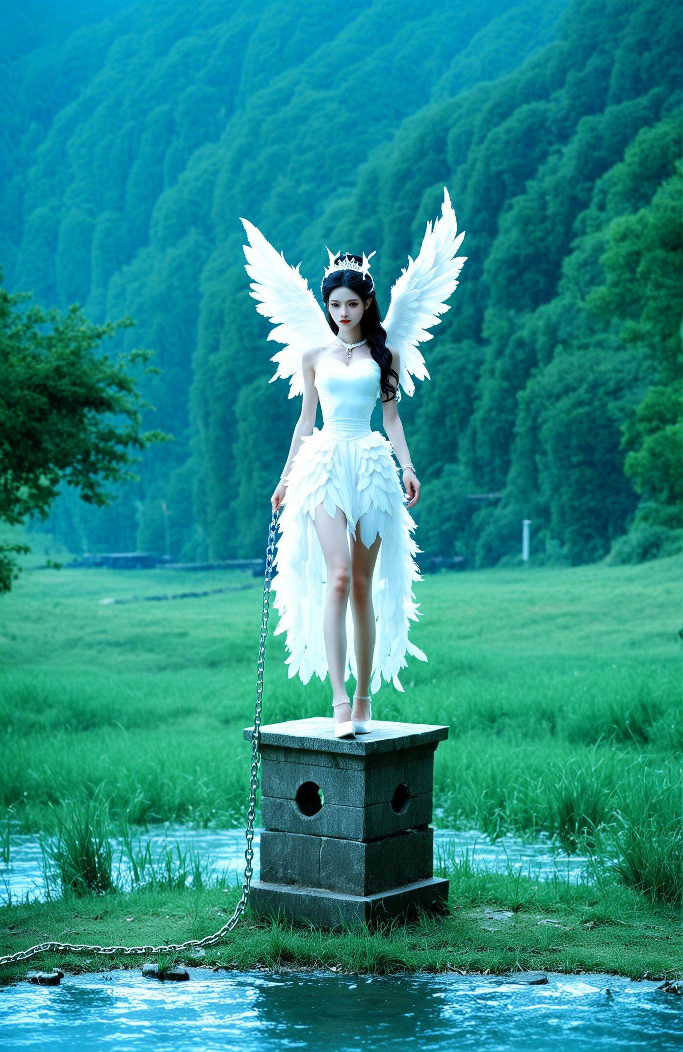 score_9,score_8_up,score_7_up,score_6,this image depicts a surreal scene with a blend of Chinese elements and fantasy. It features a figure in a white dress with delicate, feather-like wings, standing on a pedestal amidst tall, dry grasses. Chains link the pedestal to the figure, creating a sense of entrapment or connection between the two. The backdrop is a serene, natural landscape with a body of water and trees, contrasting with the chains and pedestal, adding to the surrealism of the scene. The white dress and feather wings are reminiscent of traditional Chinese bridal attire and symbolism, suggesting purity and grace juxtaposed with the chains, which could represent obstacles or challenges one may face in life.simple,(blurry background:1.1),blurry,(blurry foreground:1.1),full body,,<lora:xiexinghanfu:0.8>