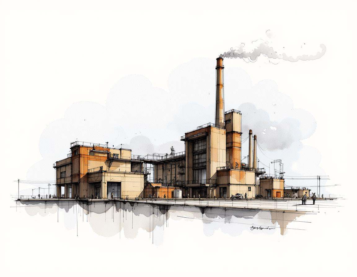 Architectural sketching of a factory,  masterpiece,  best quality.Ink on paper with very fine touches with colored markers...