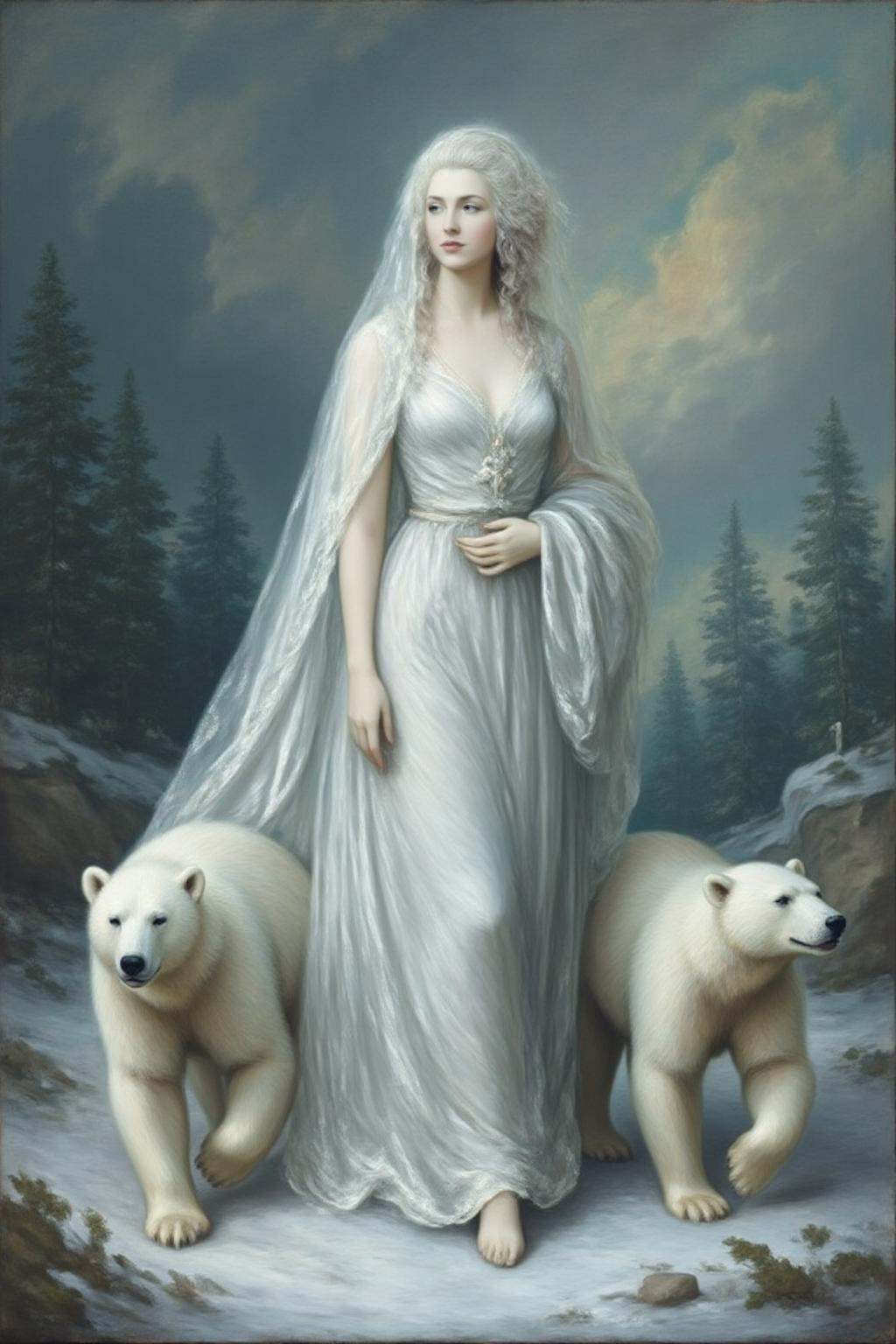 gainsbo1 paintingA Snow Queen with an ethereal appearance. She is dressed in a flowing,  long white gown that seems to shi...