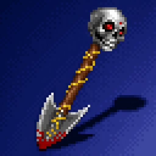 A HoMM2 style Spade of Necromancy artifact,  gradient blue background.The artwork depicts a serrated garden trowel spade....